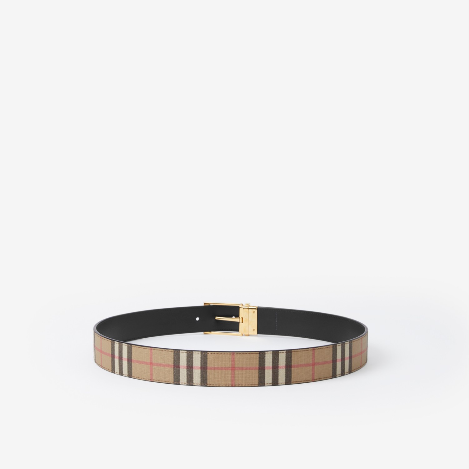 Reversible Vintage Check and Leather Belt in Archive beige/gold