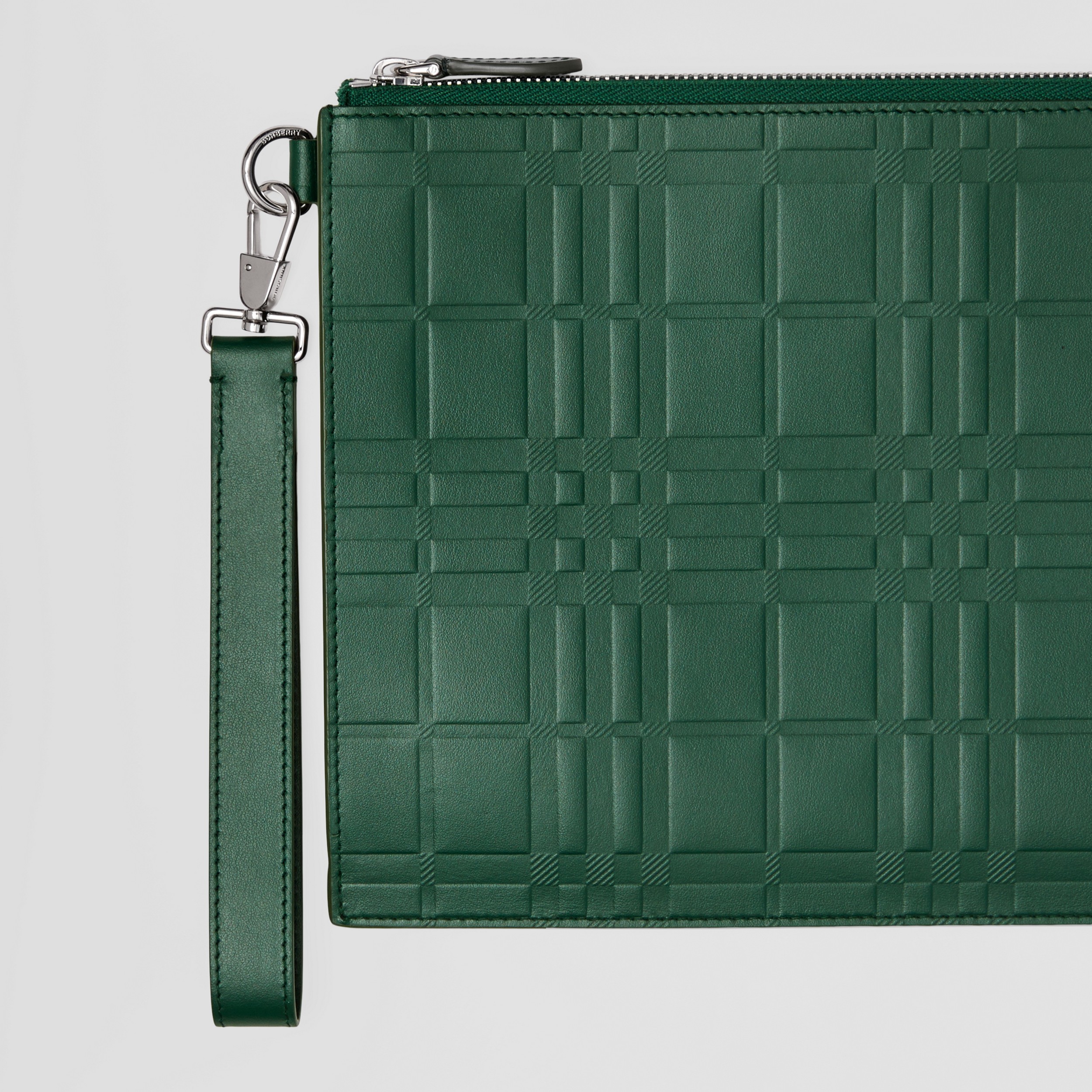 Embossed Check Leather Large Zip Pouch in Dark Viridian Green - Men | Burberry® Official - 2