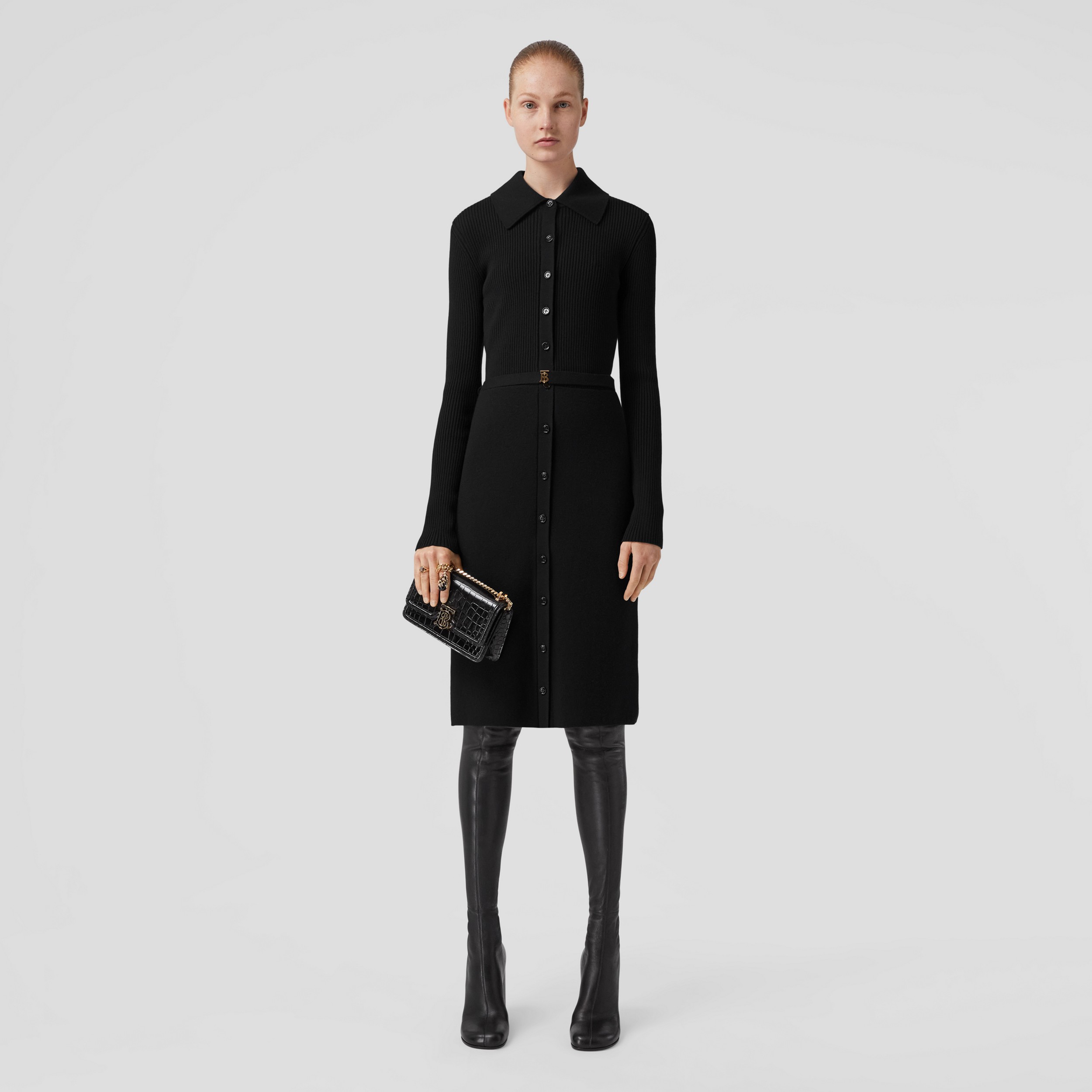Monogram Motif Rib Knit Wool Dress in Black - Women | Burberry® Official