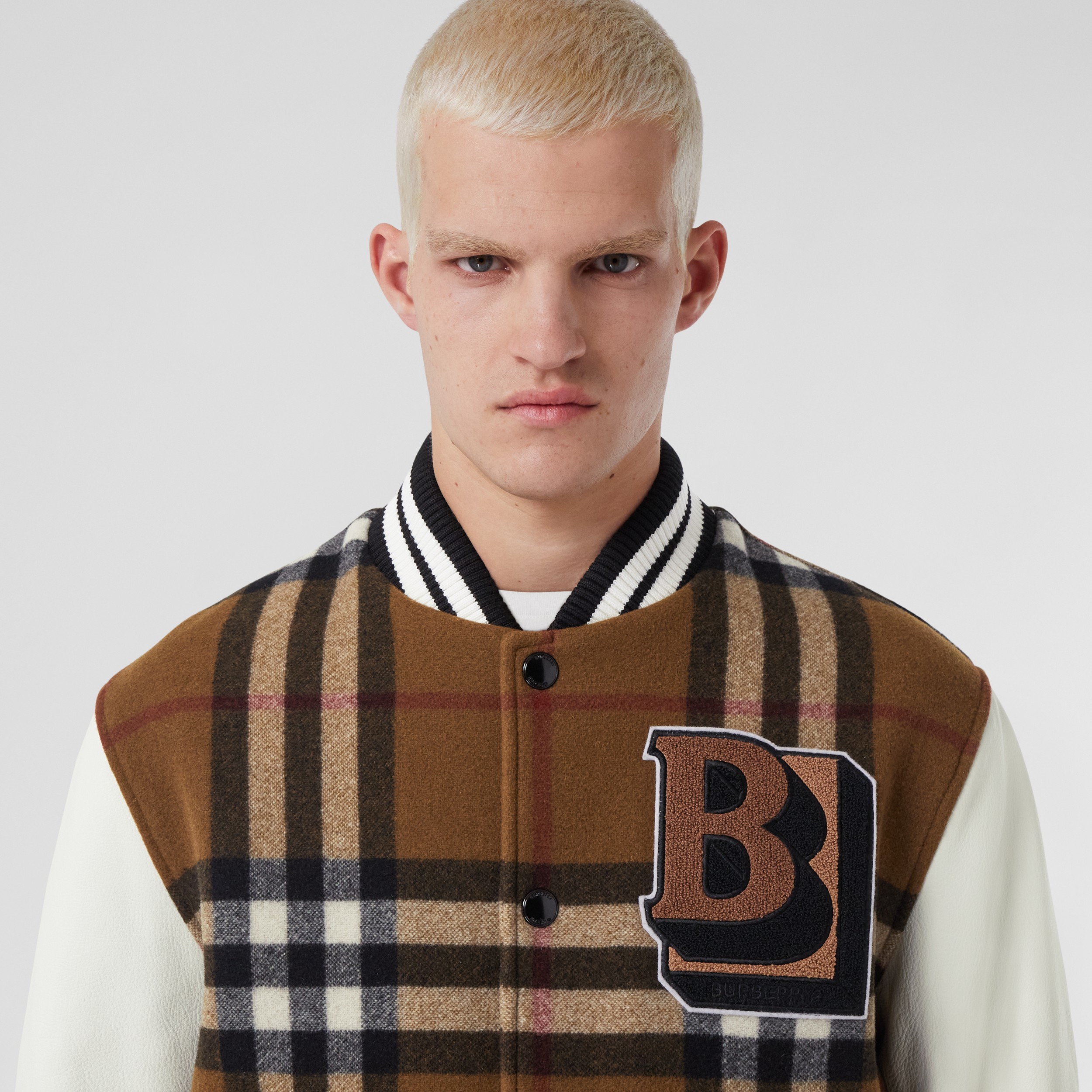 Letter Graphic Check Technical Wool Bomber Jacket in Dark Birch Brown - Men | Burberry® Official - 2
