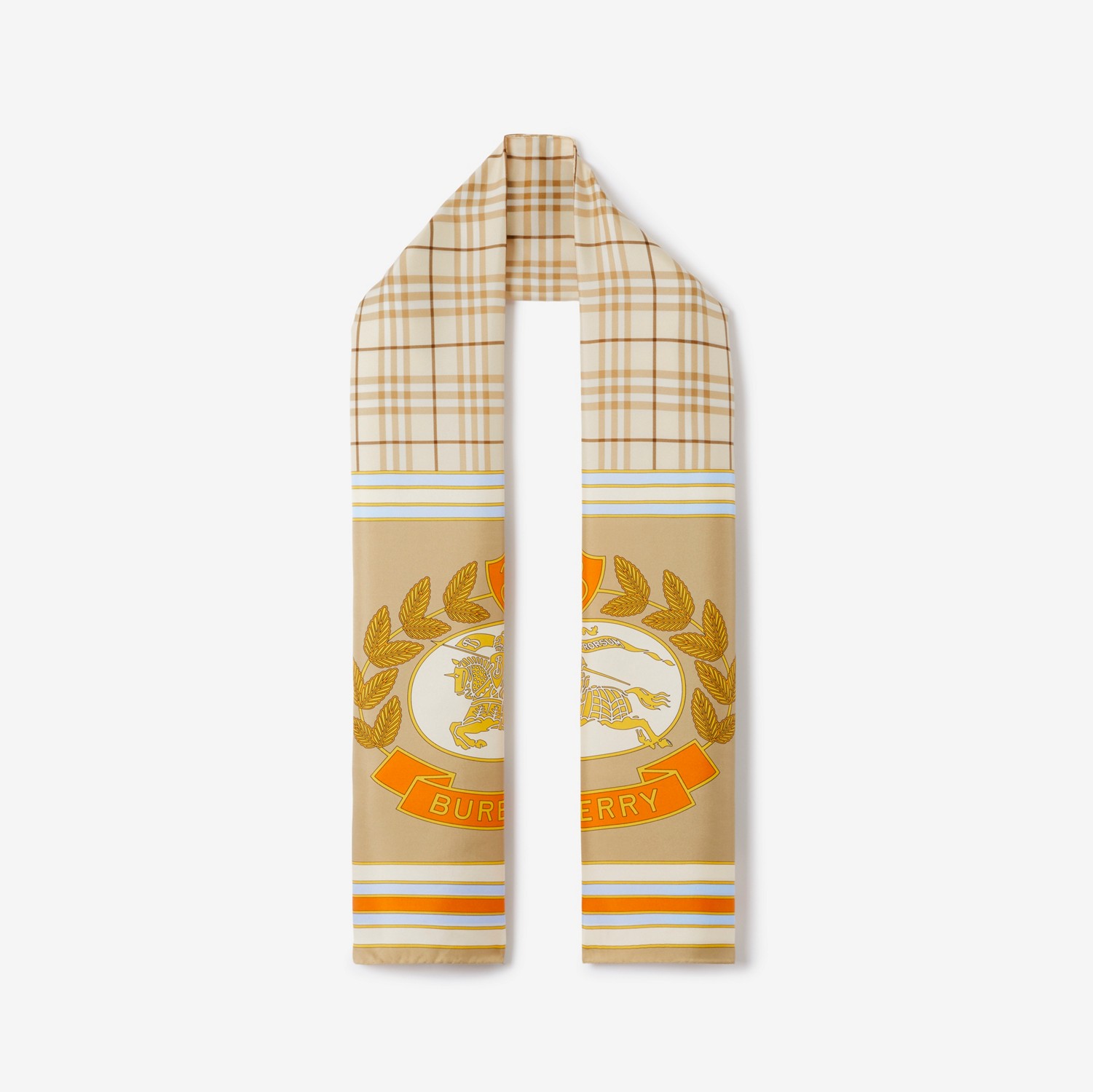 格纹拼马术骑士印花丝巾 (柔黄褐色 / 亮橘色) | Burberry® 博柏利官网