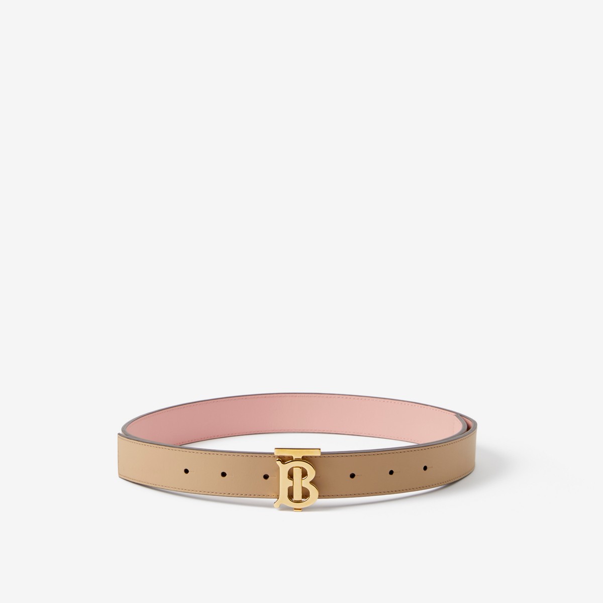 Shop Burberry Leather Reversible Tb Belt In Oat Beige/dusky Pink