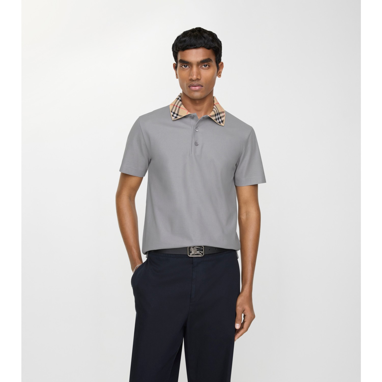 Check Collar Cotton Polo Shirt