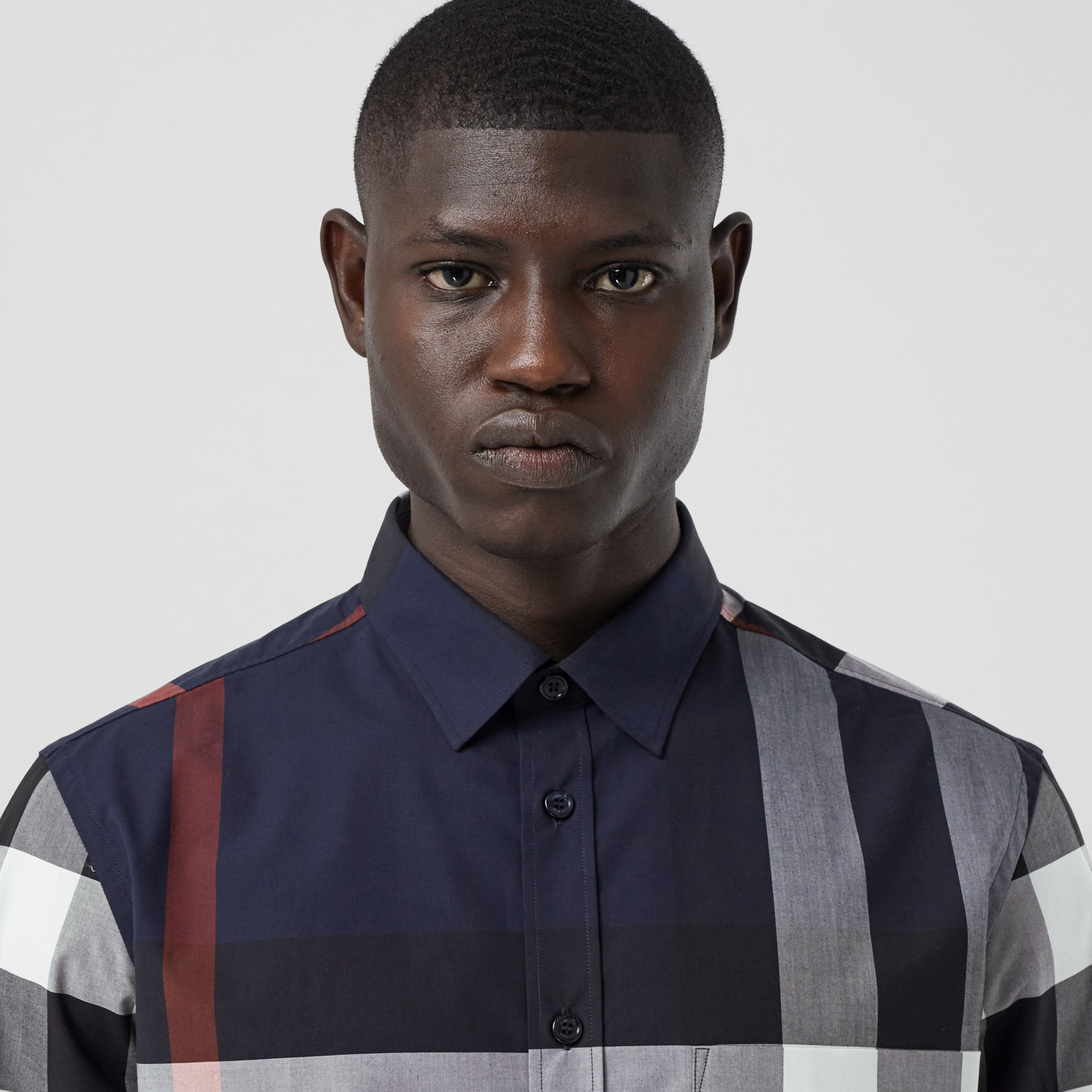 Short-sleeve Check Stretch Cotton Poplin Shirt in Navy - Men | Burberry®  Official