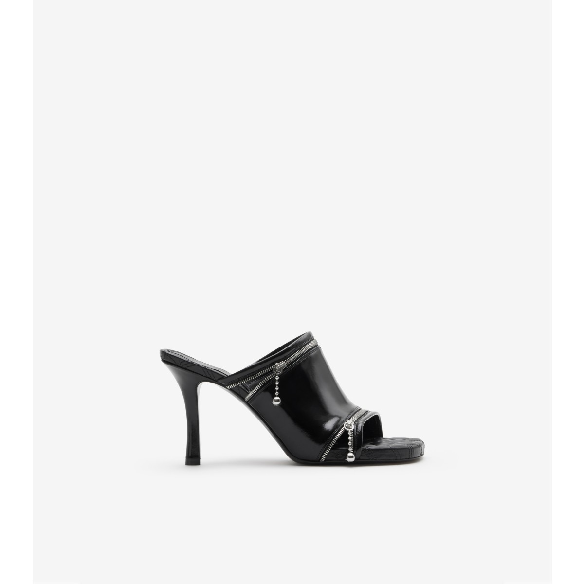 Burberry Glossy Leather Peep Mules In Black