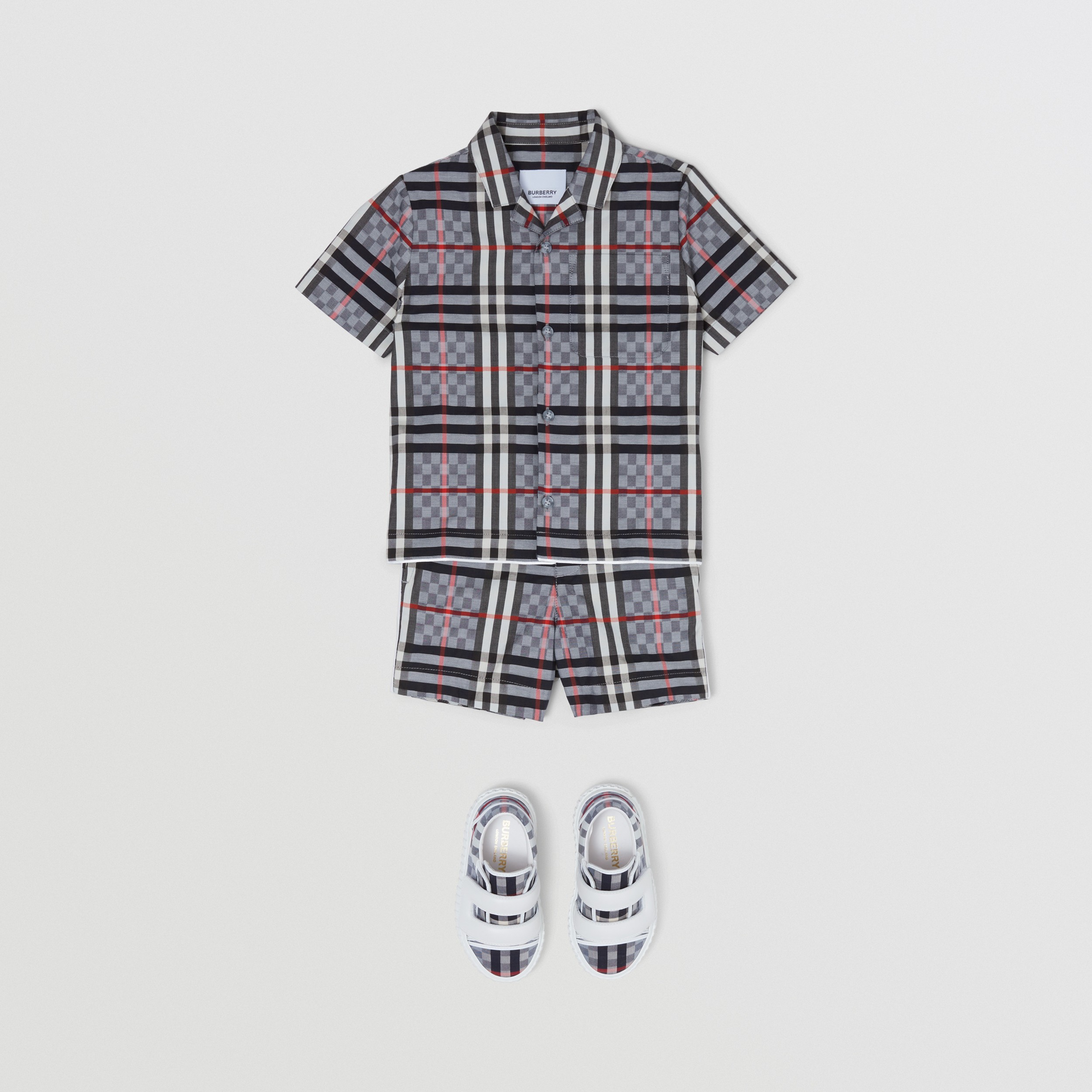 Short-sleeve Chequerboard Stretch Cotton Shirt in Pale Blue - Children | Burberry® Official - 3