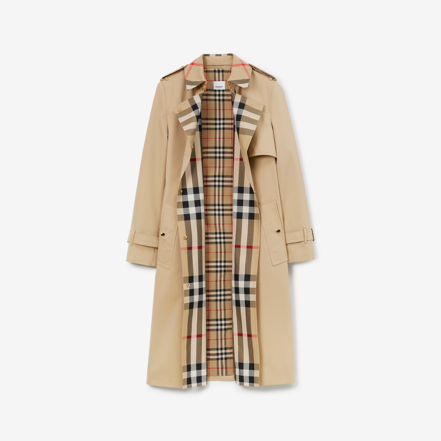 Trench coat en algodón de gabardina con detalle Check (Miel) - Mujer | Burberry® oficial