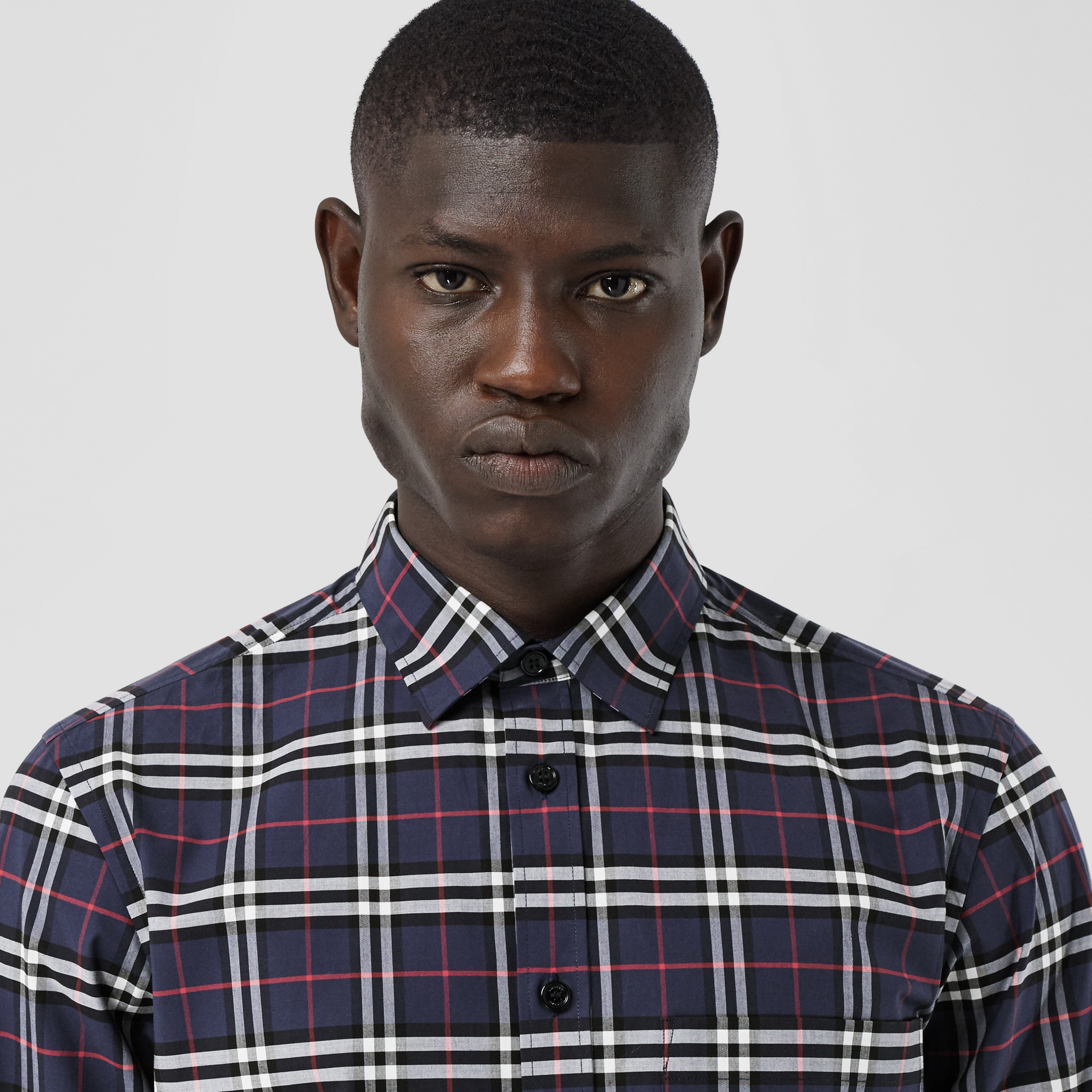 Small Scale Check Stretch Cotton Shirt in Navy - Men | Burberry® Official - 2