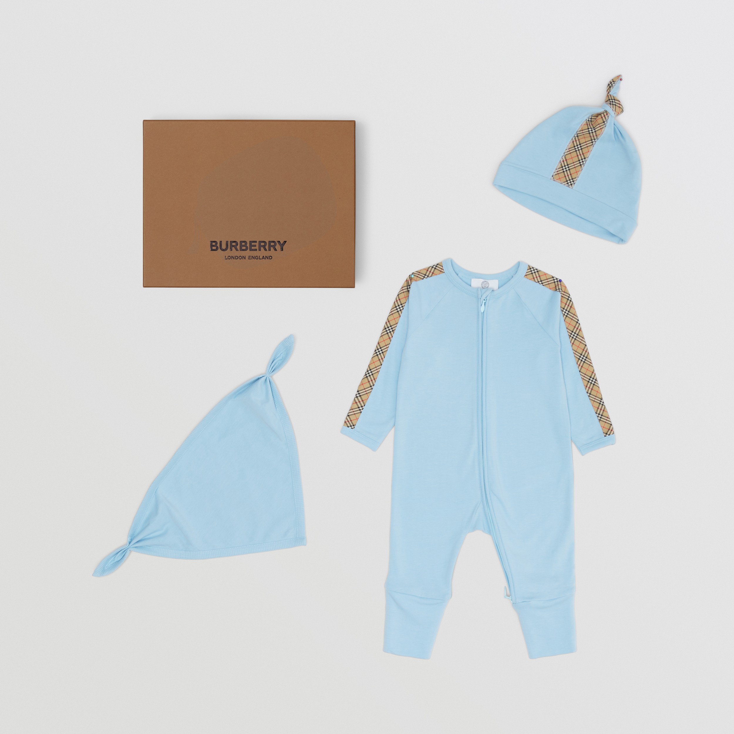 格纹装饰棉质三件套婴儿礼品套装 (粉蓝色) - 儿童 | Burberry® 博柏利官网 - 1