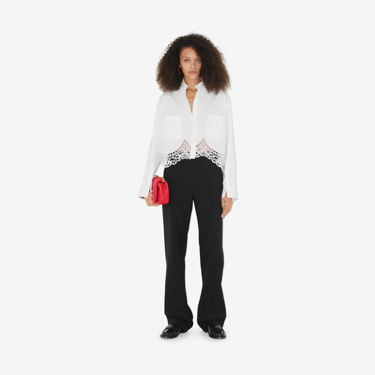 Camisa cropped de algodão com bainha de renda macramê (Branco Óptico) - Mulheres | Burberry® oficial