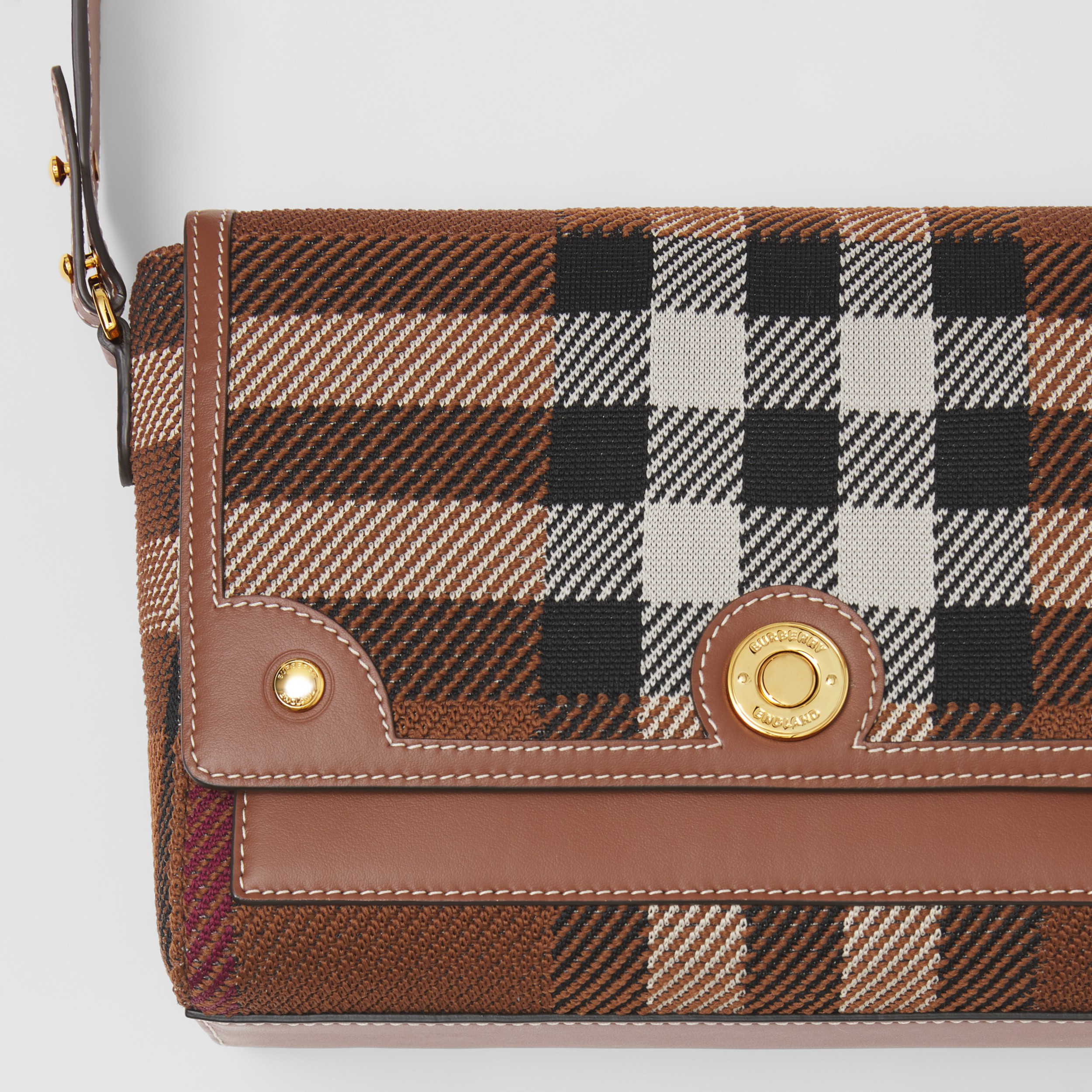 Knitted Check and Leather Note Crossbody Bag in Dark Birch Brown Women Burberry® Official