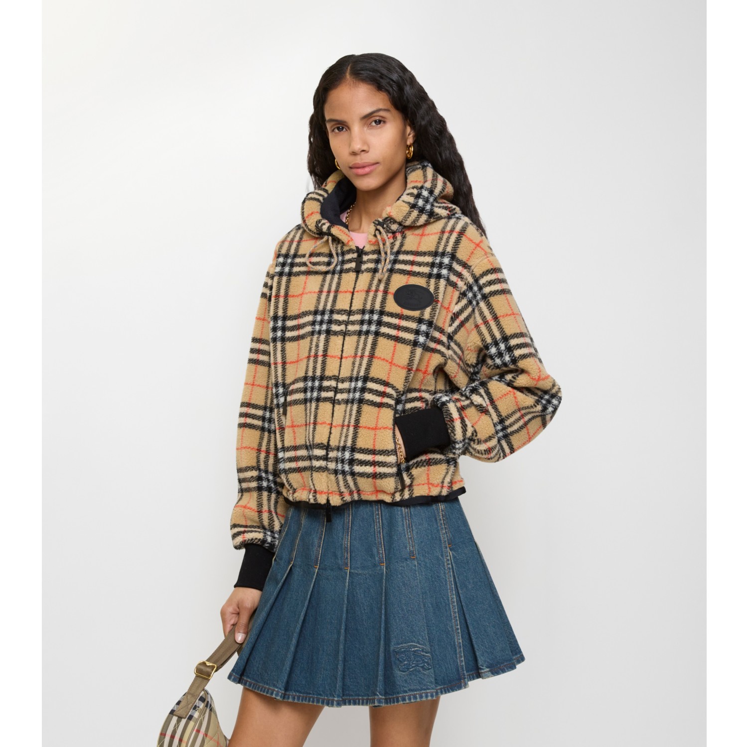 Cropped Check Fleece Hooded Jacket in Sand beige - Women | Burberry® Official