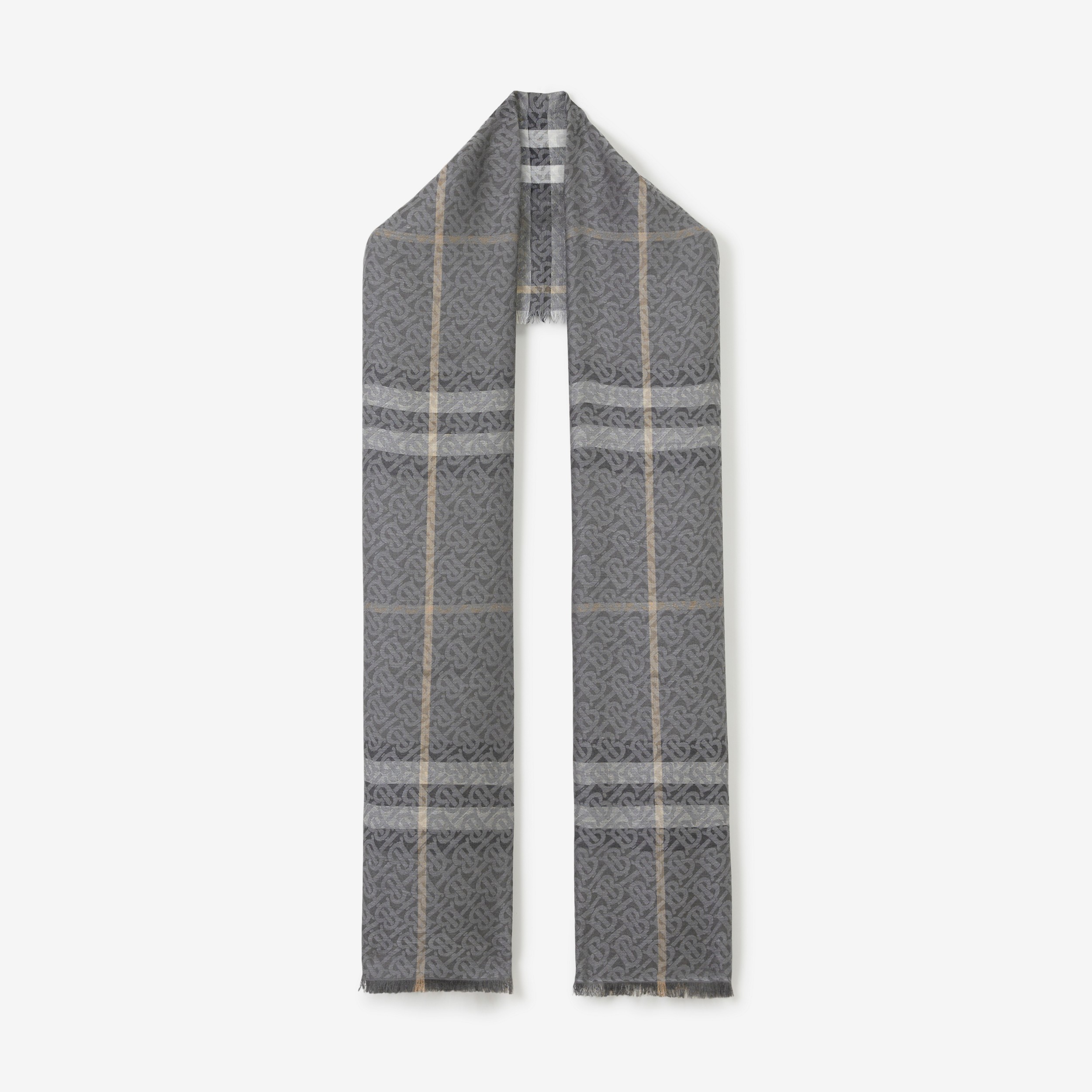Lightweight Monogram and Check Wool Silk Scarf in Charcoal | Burberry® Official - 1