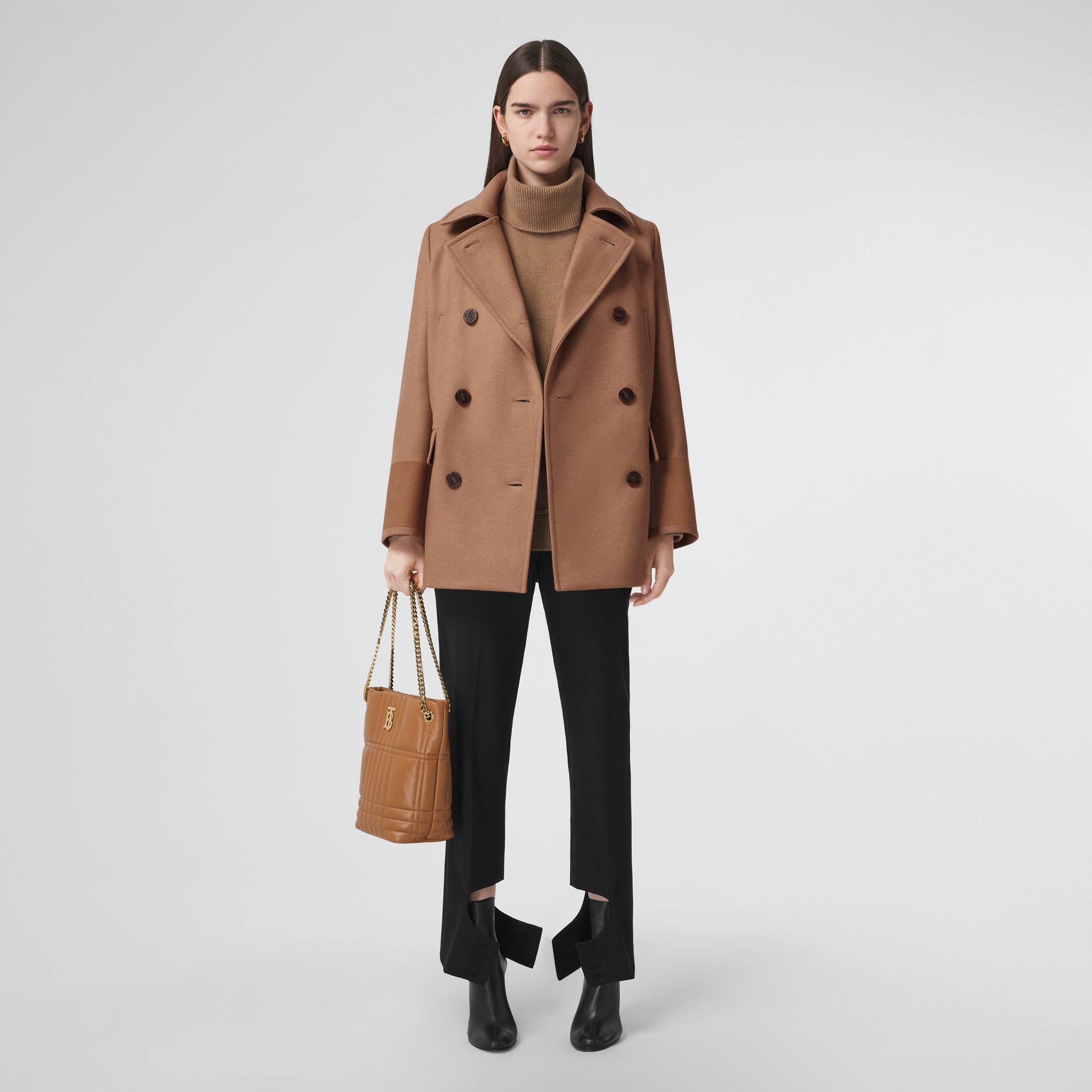 Embroidered Cuff Wool Pea Coat in Camel - Women | Burberry® Official - 1