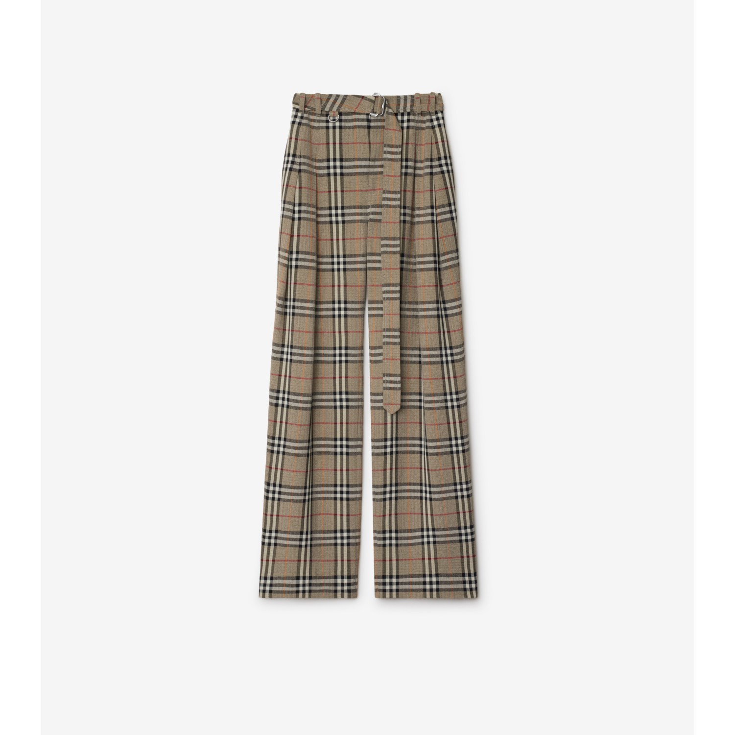 Check Silk Blend Belted Trousers in Limestone beige - Women | Burberry® Official