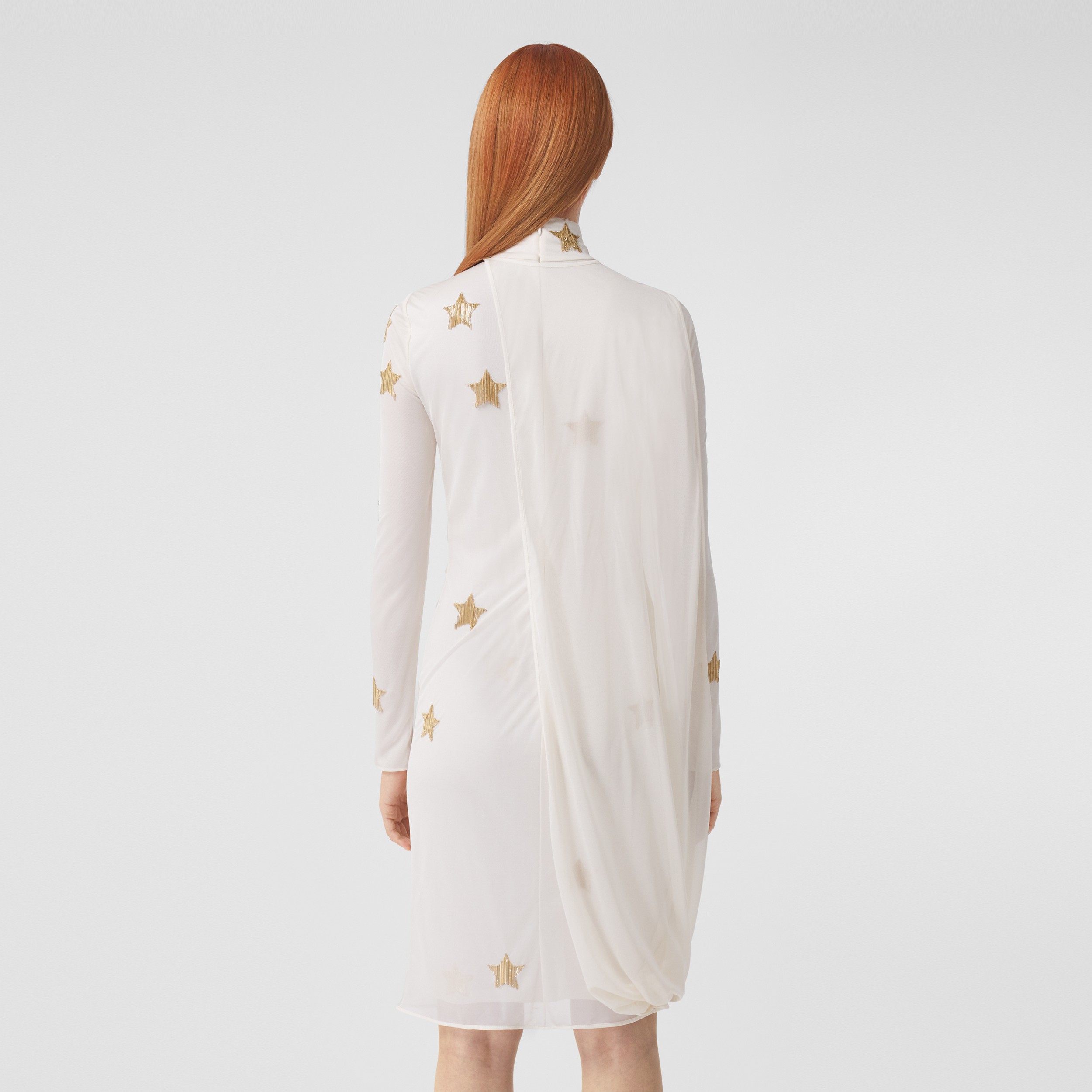 Long-sleeve Star Motif Gathered Silk Viscose Dress in Ivory Blush - Women | Burberry® Official - 3