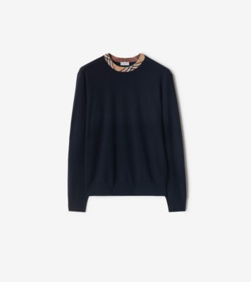 Check Trim Wool Sweater in Navy - Men | Burberry® Official