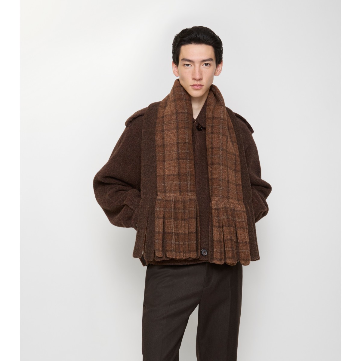  Check Detachable Scarf Wool Blend Jacket