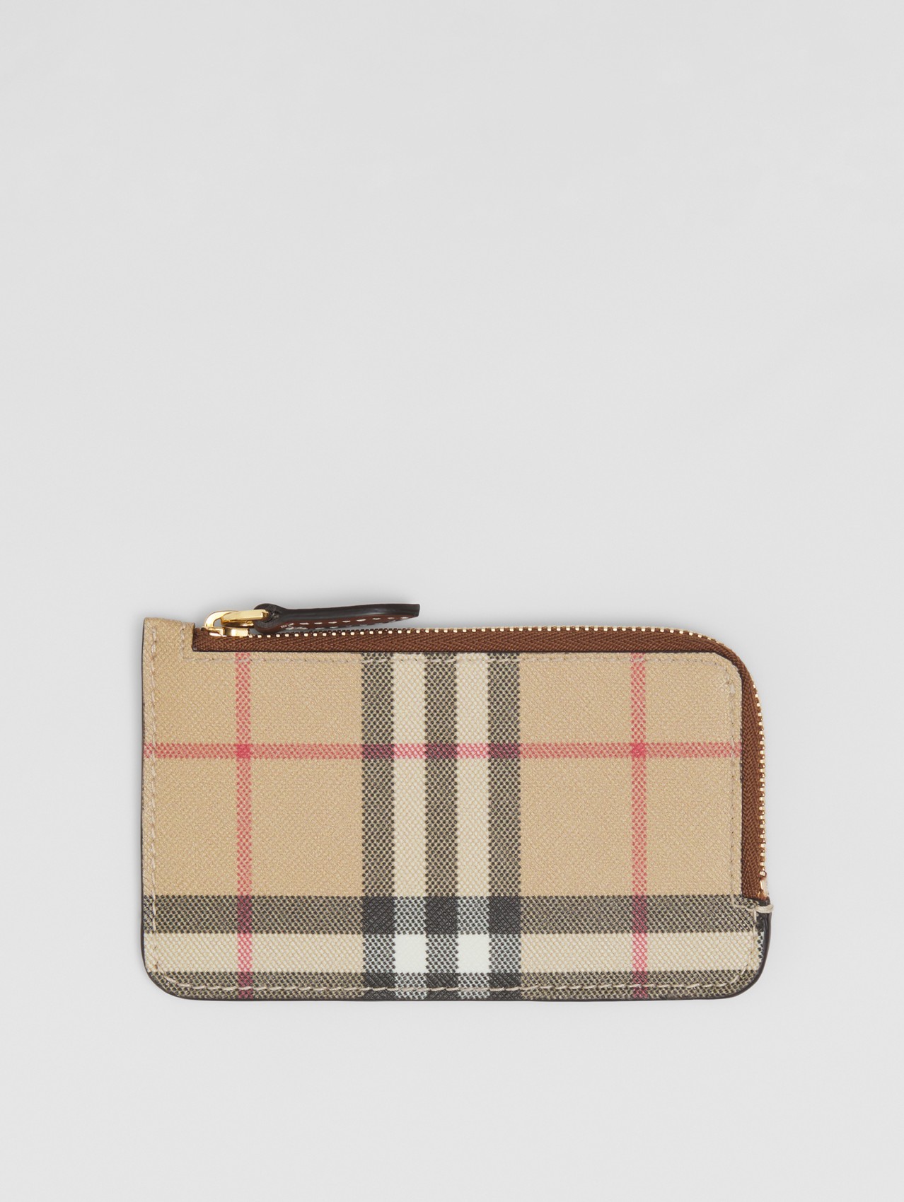 Vintage Check and Leather Zip Card Case in Tan
