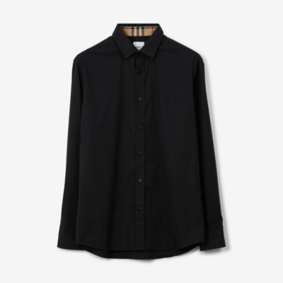 Slim Fit Monogram Motif Stretch Cotton Poplin Shirt in Black | Burberry® Official