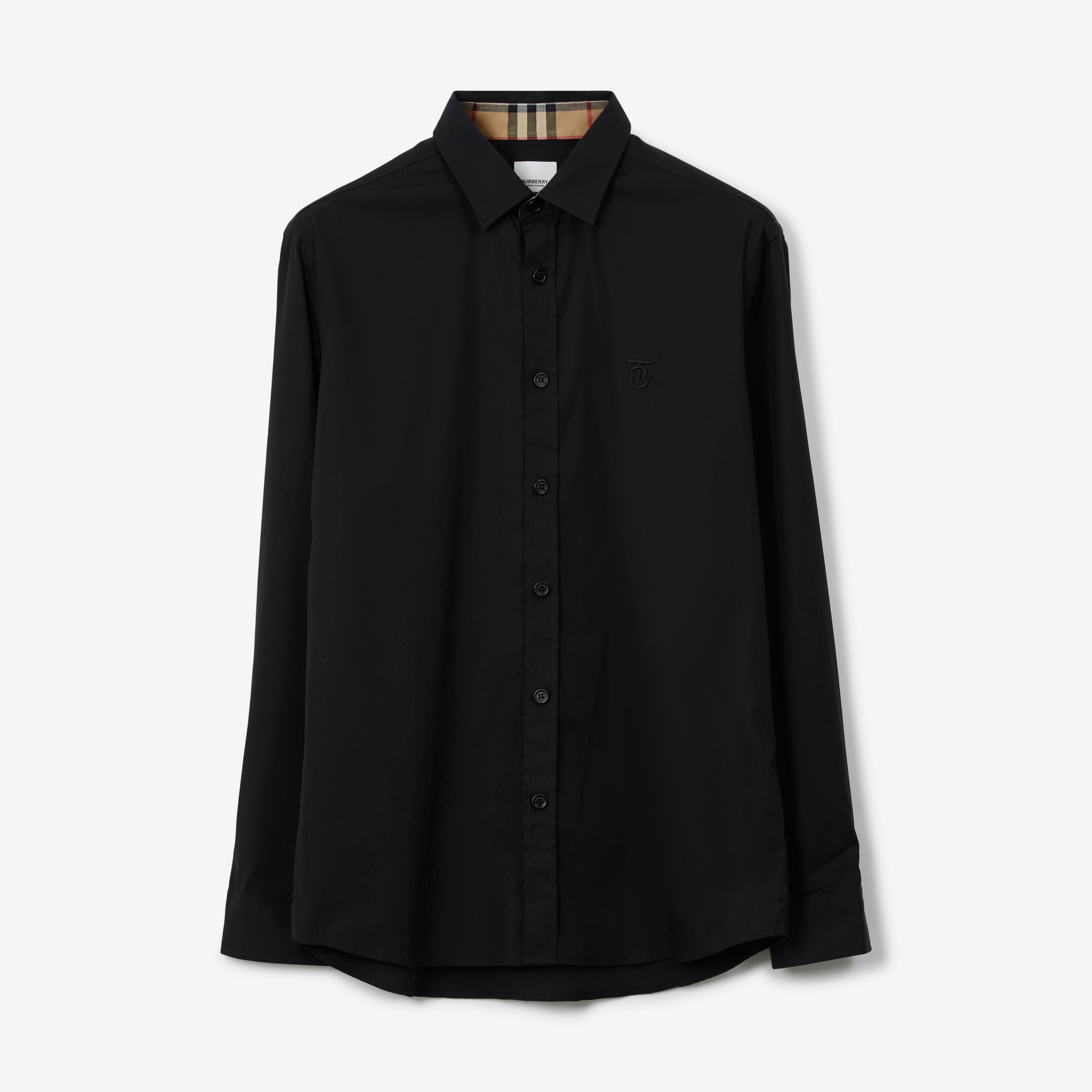 Slim Fit Monogram Motif Stretch Cotton Poplin Shirt in Black | Burberry® Official - 1
