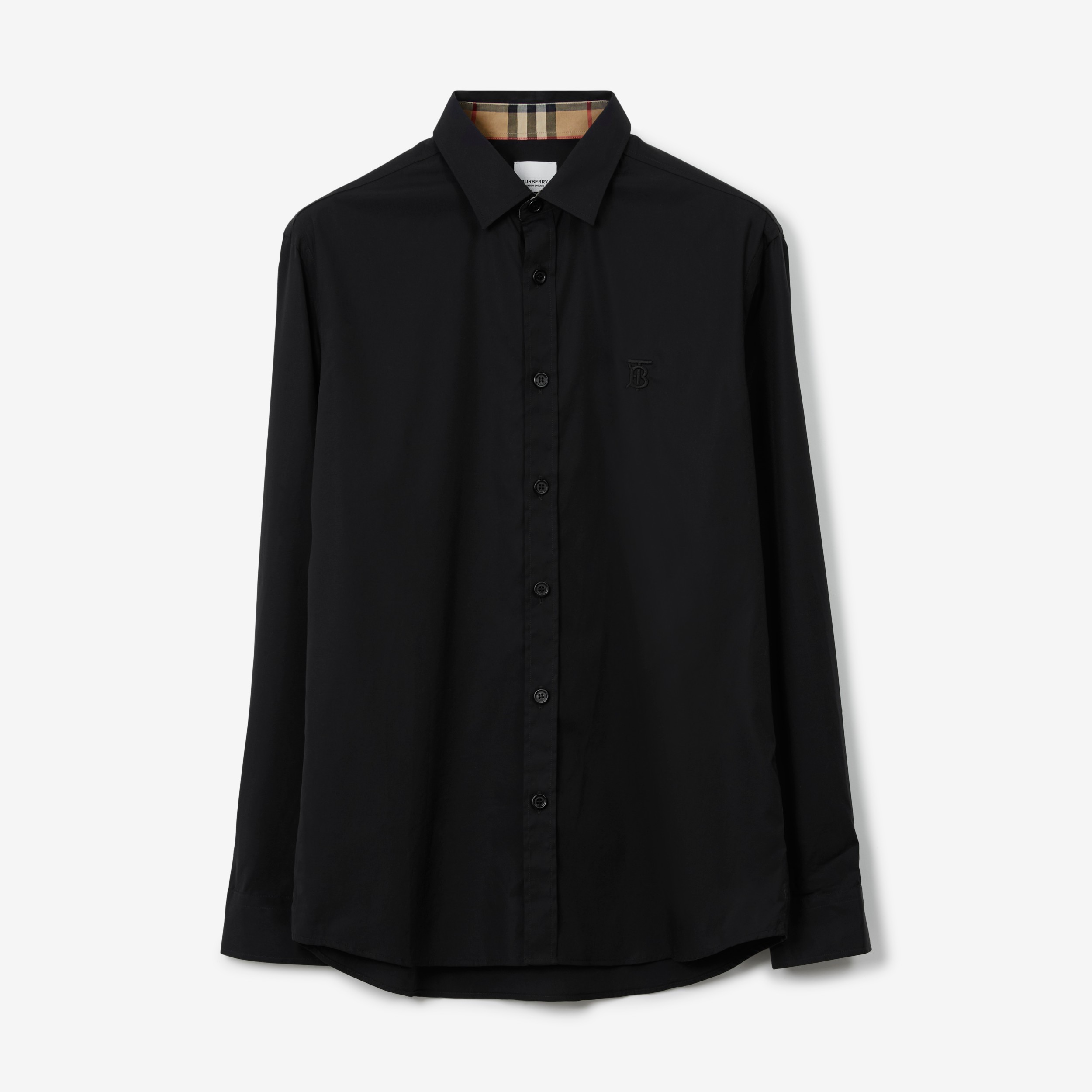 Slim Fit Monogram Motif Stretch Cotton Poplin Shirt in Black | Burberry ...