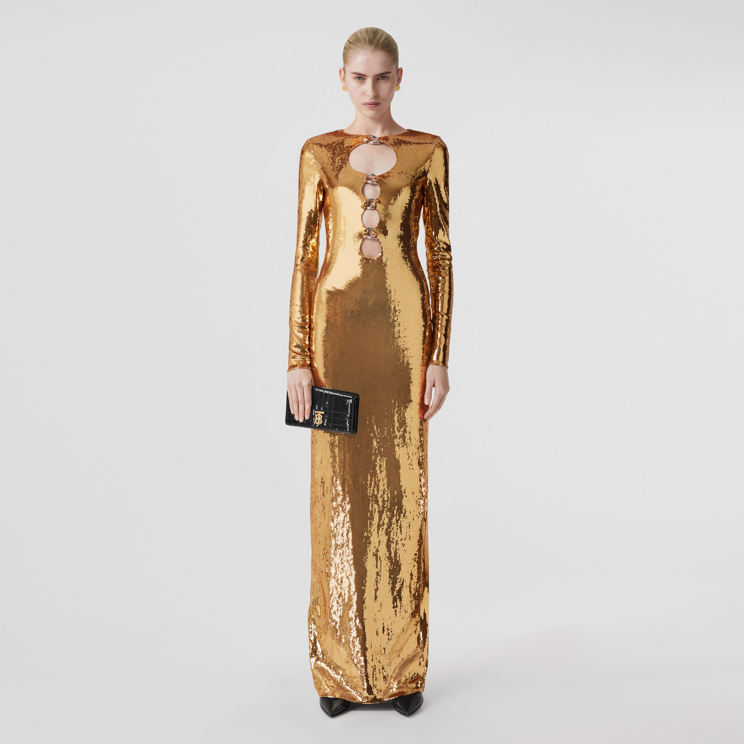 Vestido de seda com lantejoulas, detalhe vazado e corrente (Dourado) - Mulheres | Burberry® oficial - 1
