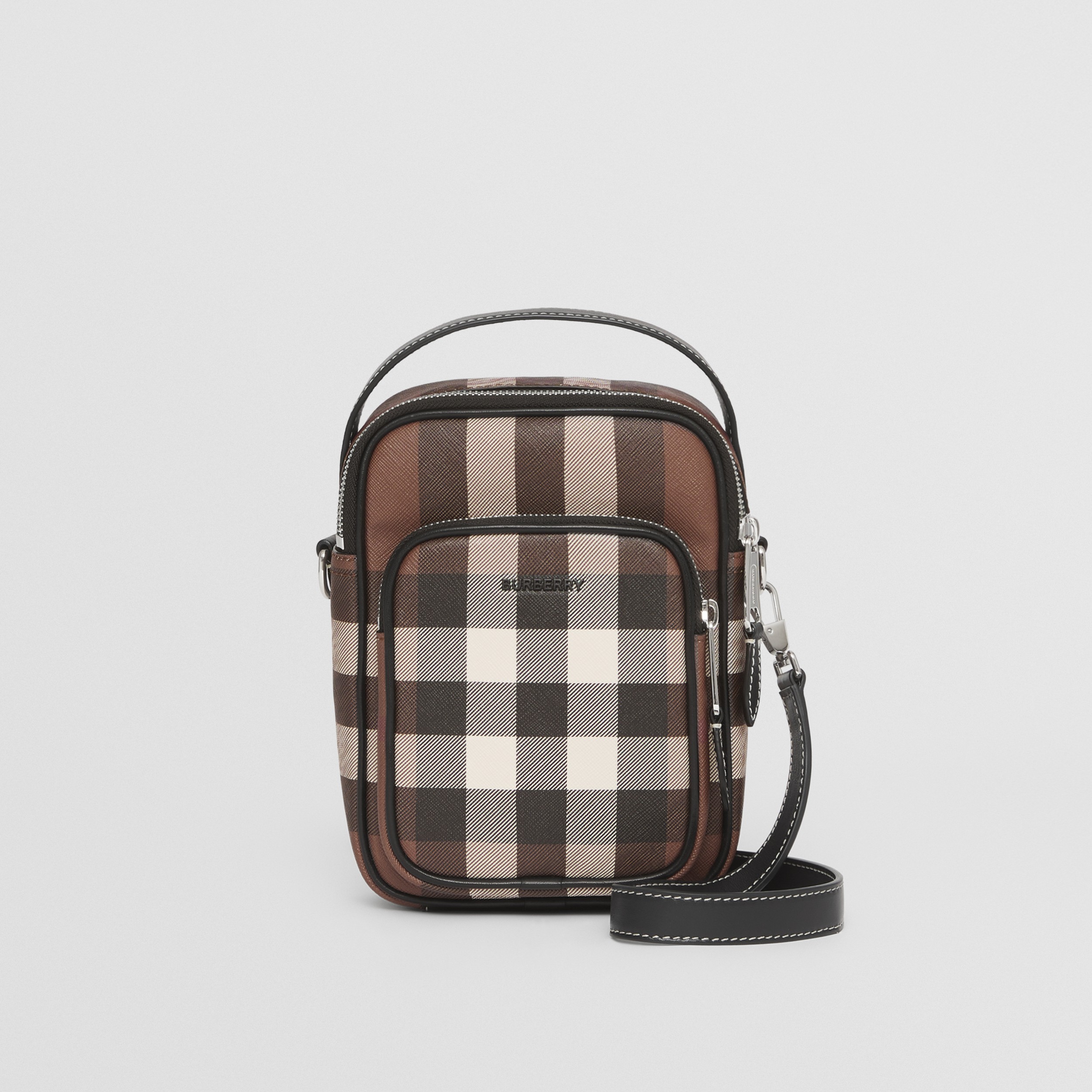 Check and Leather Crossbody Bag in Dark Birch Brown - Men | Burberry® Official - 1
