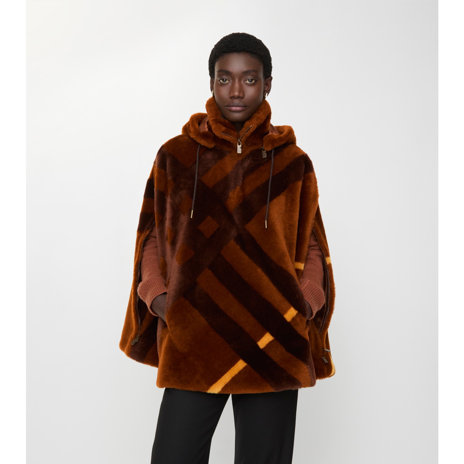 Check Intarsia Shearling Cape