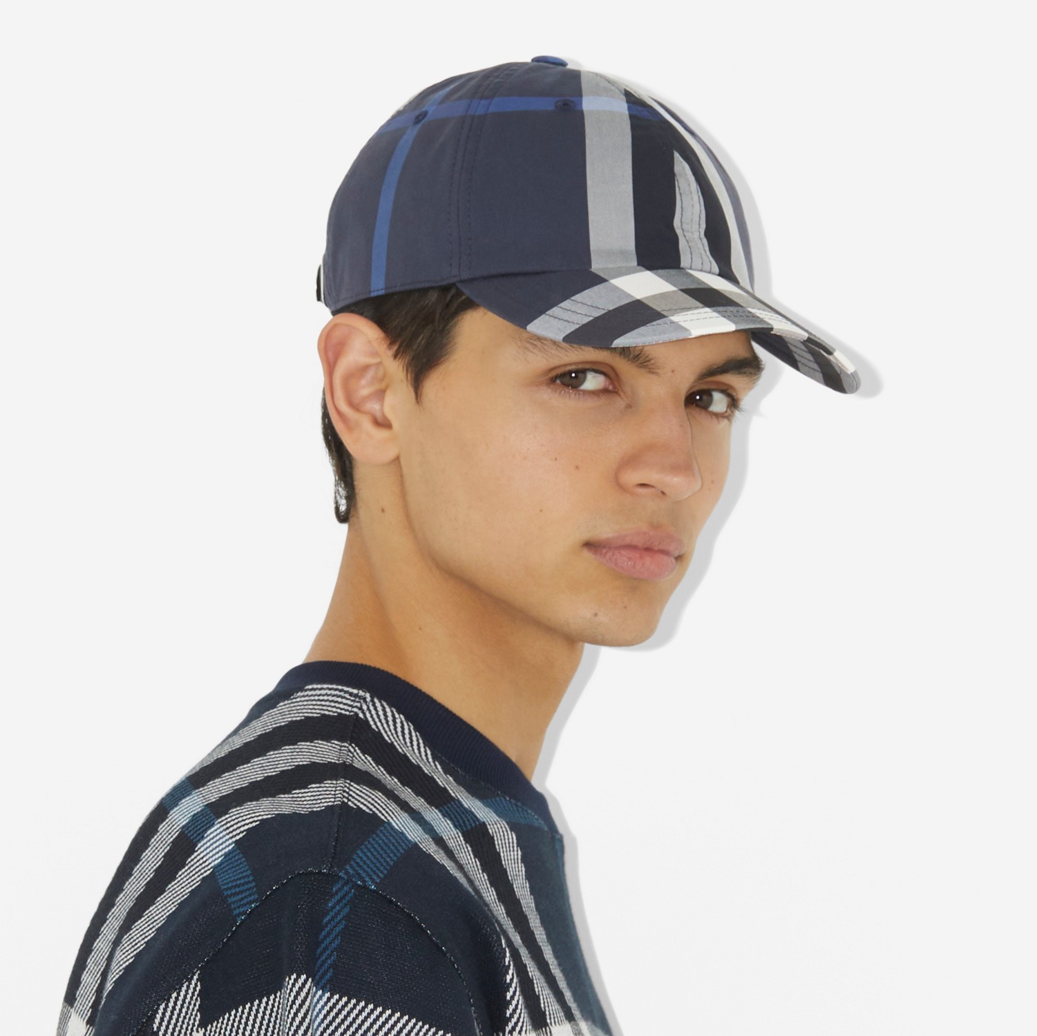Check Cotton Blend Baseball Cap in Dark Charcoal Blue | Burberry® Official