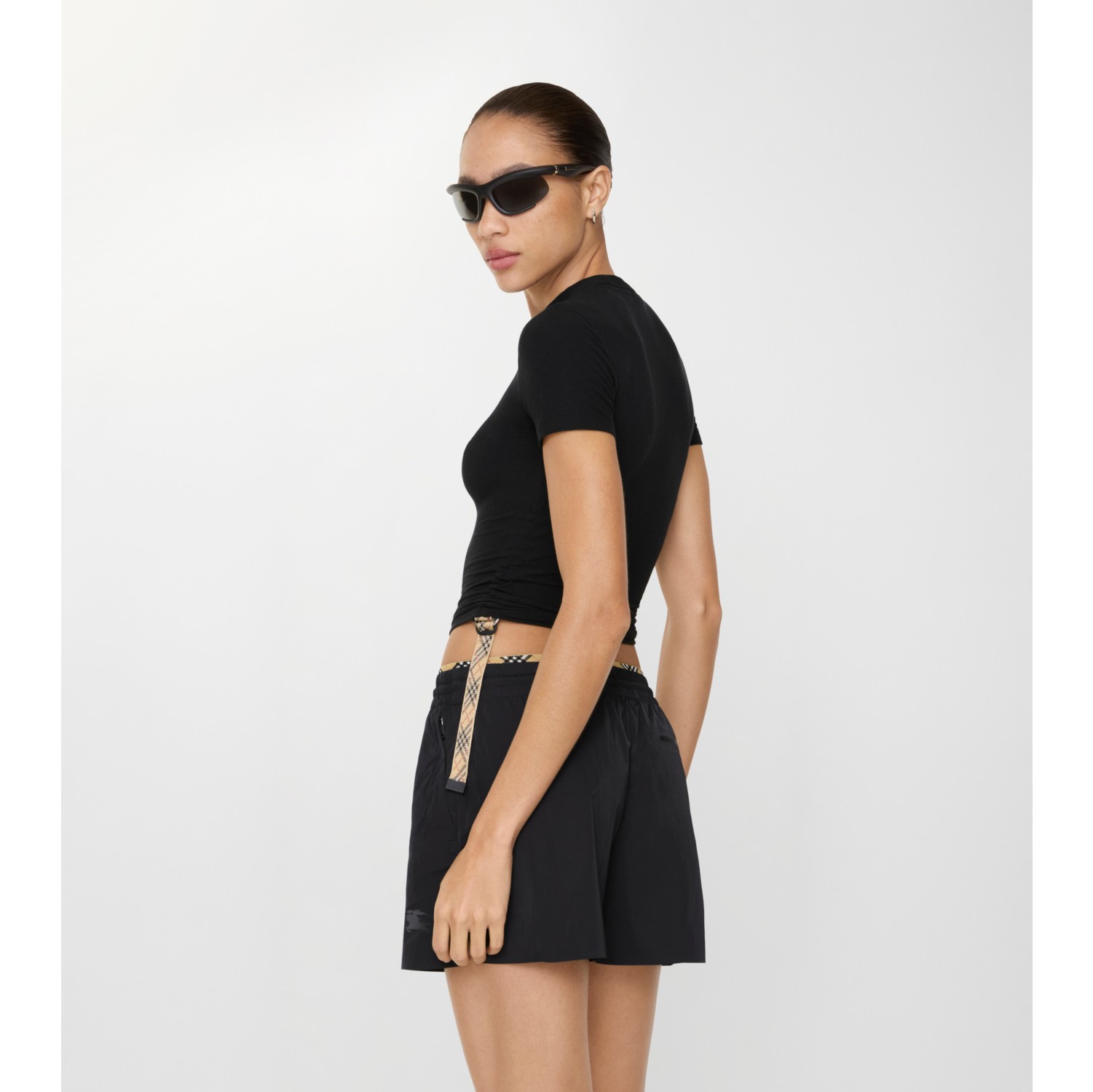 Check Trim Stretch Modal Cashmere T-shirt in Black - Women, Nylon