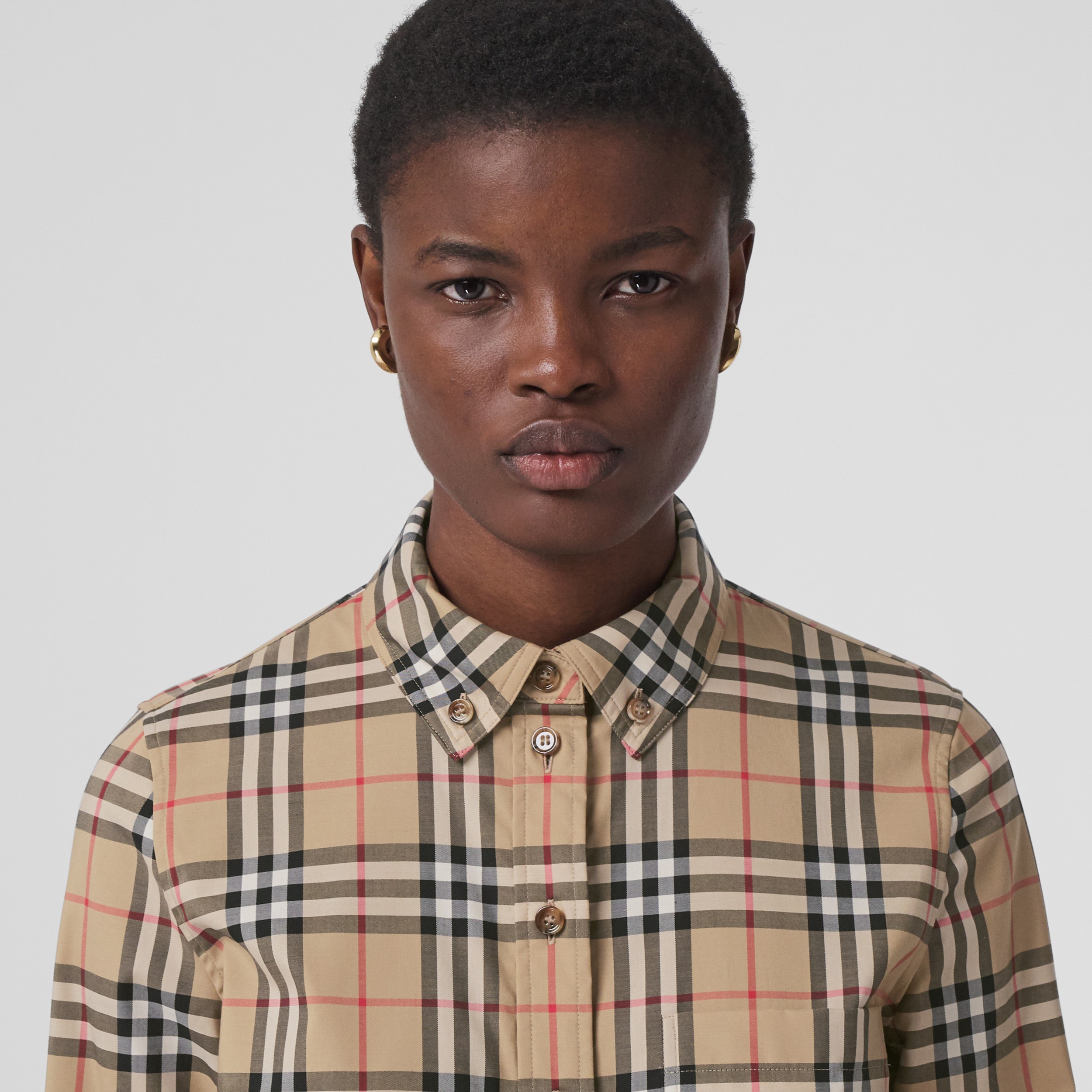 Buttondown Collar Vintage Check Cotton Shirt in Archive Beige Women