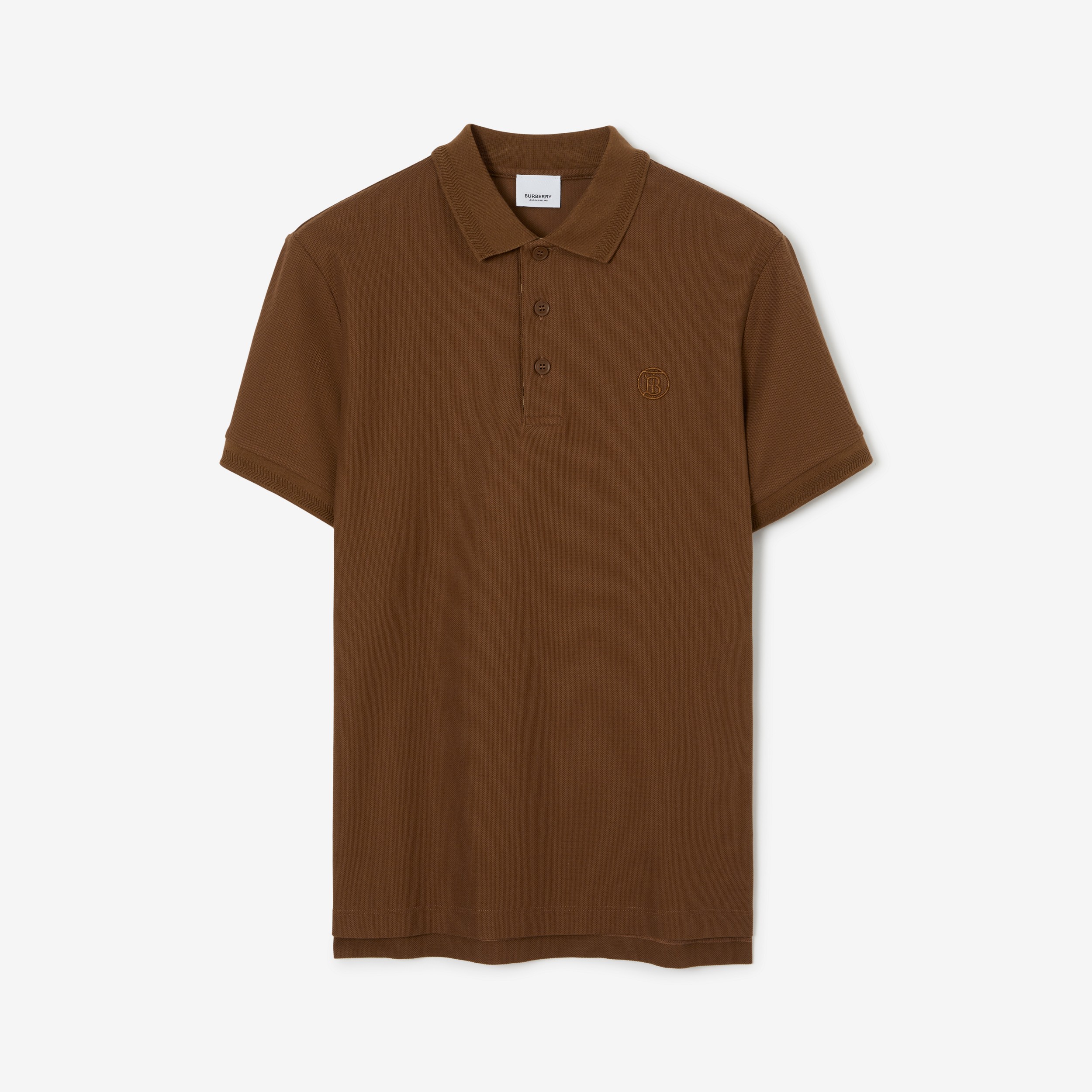 Camisa polo em algodão piquê com estampa de monograma (Marrom Bétula Escuro) - Homens | Burberry® oficial - 1