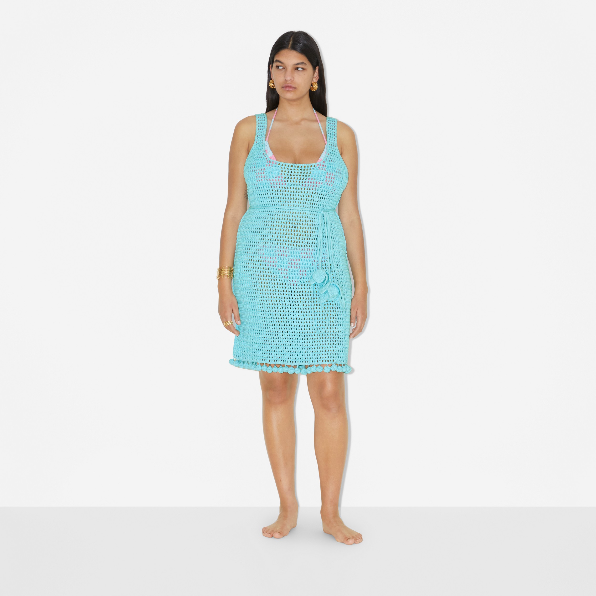 Crochet Technical Cotton Dress in Bright Topaz Blue - Women | Burberry® Official - 2