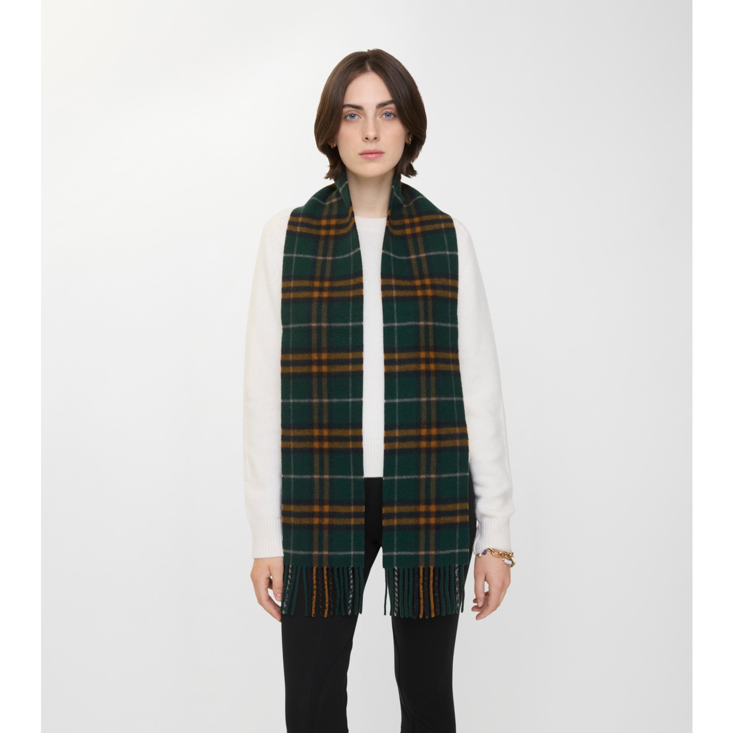 Narrow Check Cashmere Scarf in Brigade green | Burberry® Official