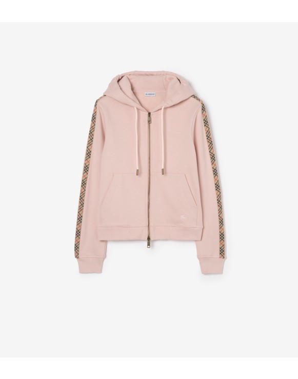 Baumwoll-Kapuzenjacke mit Check-Besatz und Reißverschluss