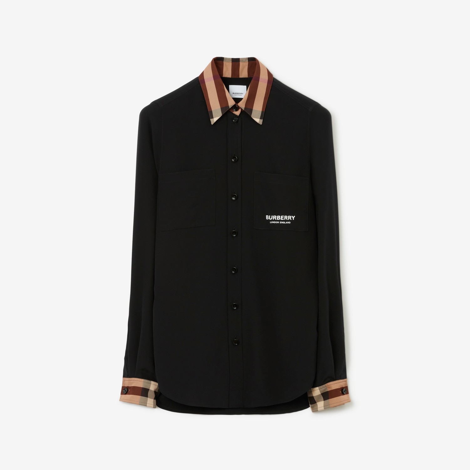 チェックトリム シルクシャツ (ブラック) - ウィメンズ | Burberry®公式サイト