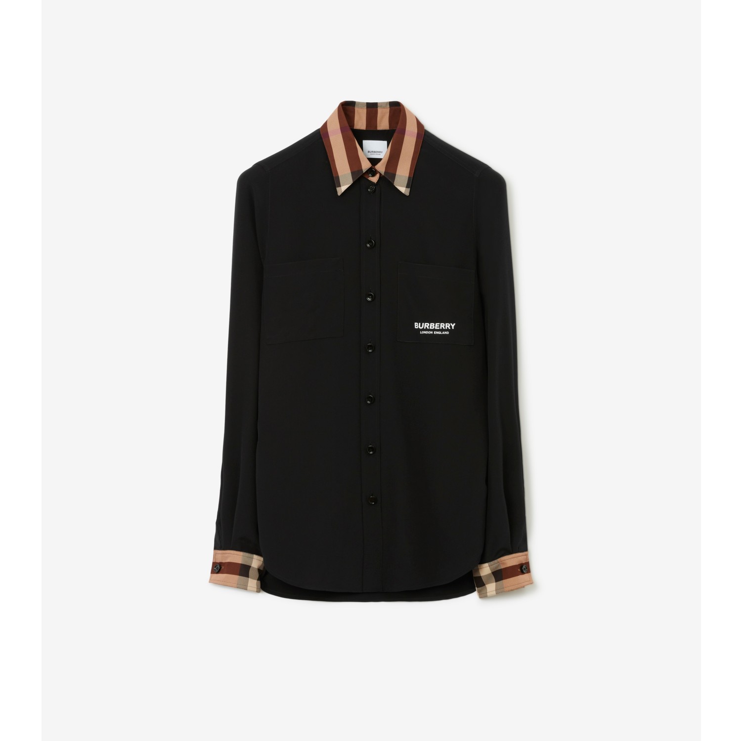 Check Trim Silk Shirt in Black - Women | Burberry® Official