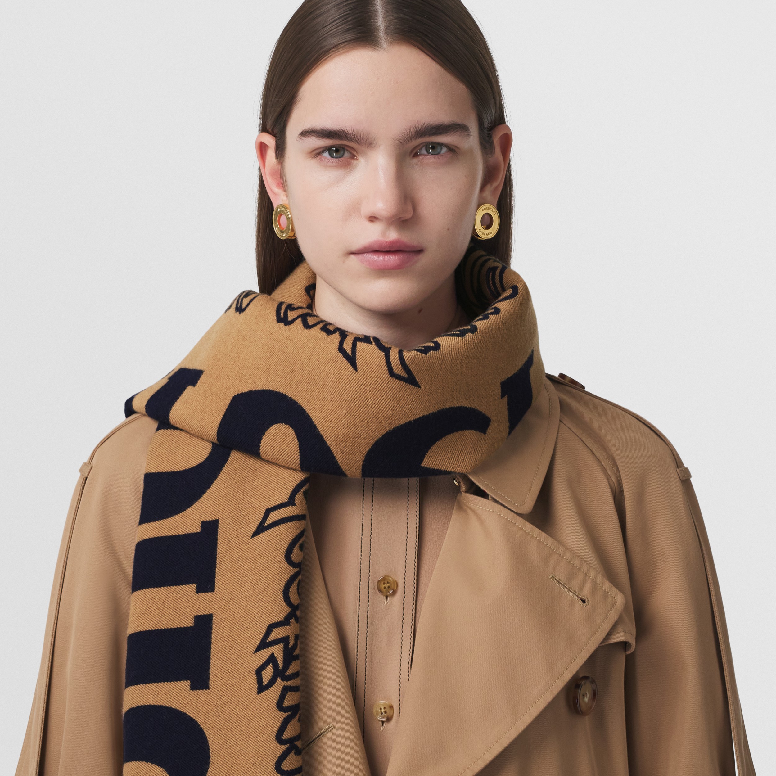 Logo Jacquard Wool Silk Scarf in Navy Blue | Burberry® Official - 3
