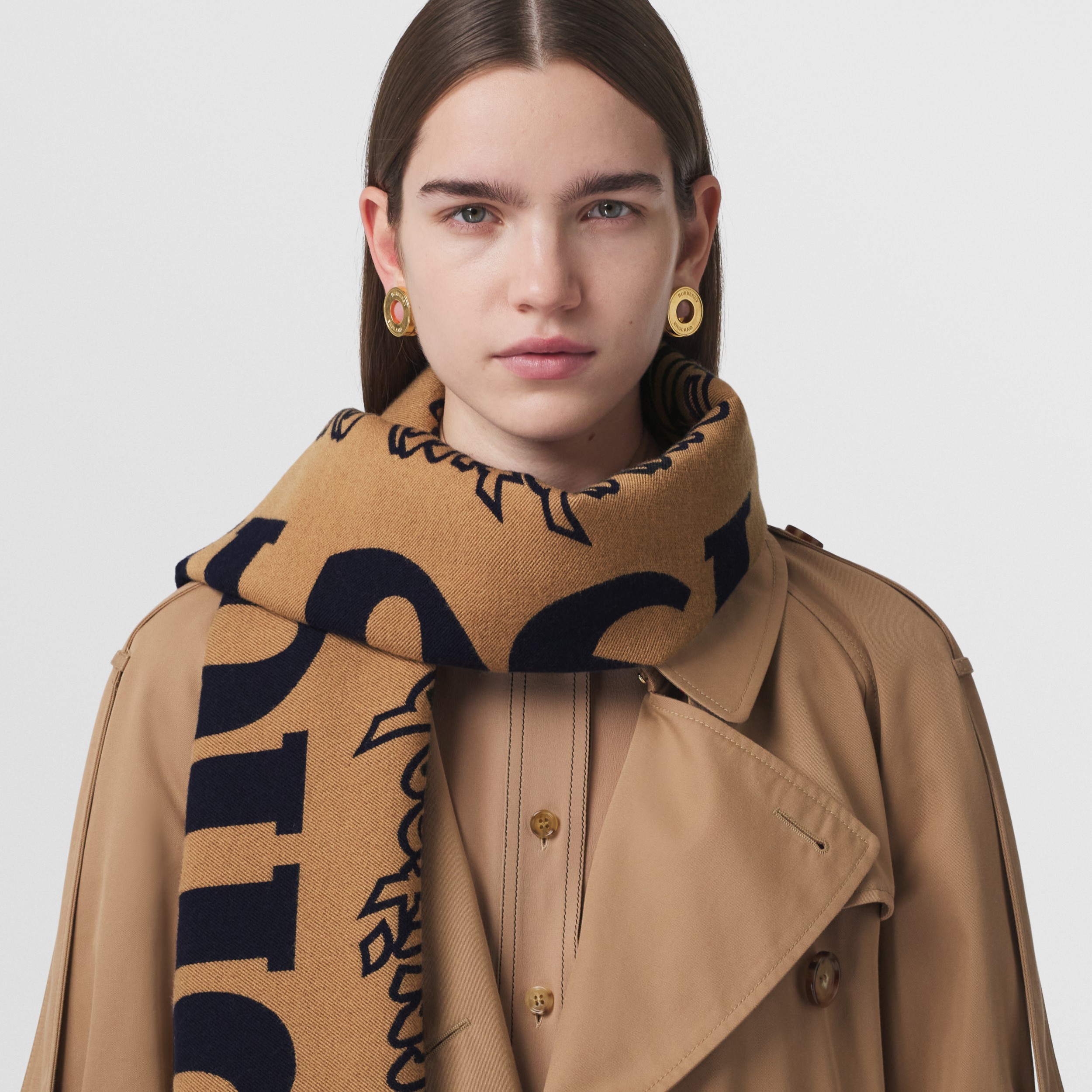 Logo Wool Silk Jacquard Scarf in Navy Blue | Burberry® Official