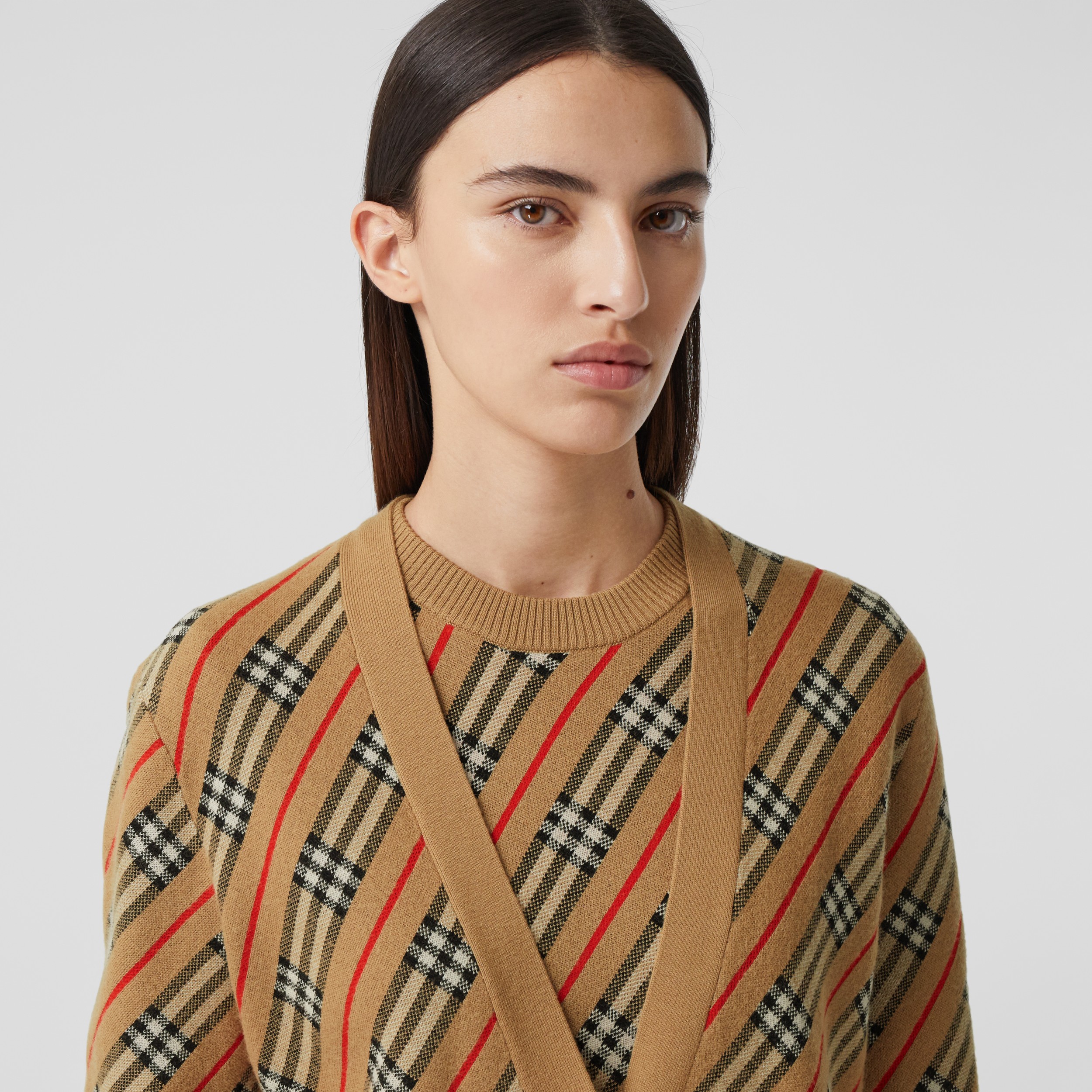 Stripe Merino Wool Blend Cardigan in Camel Women Burberry United States