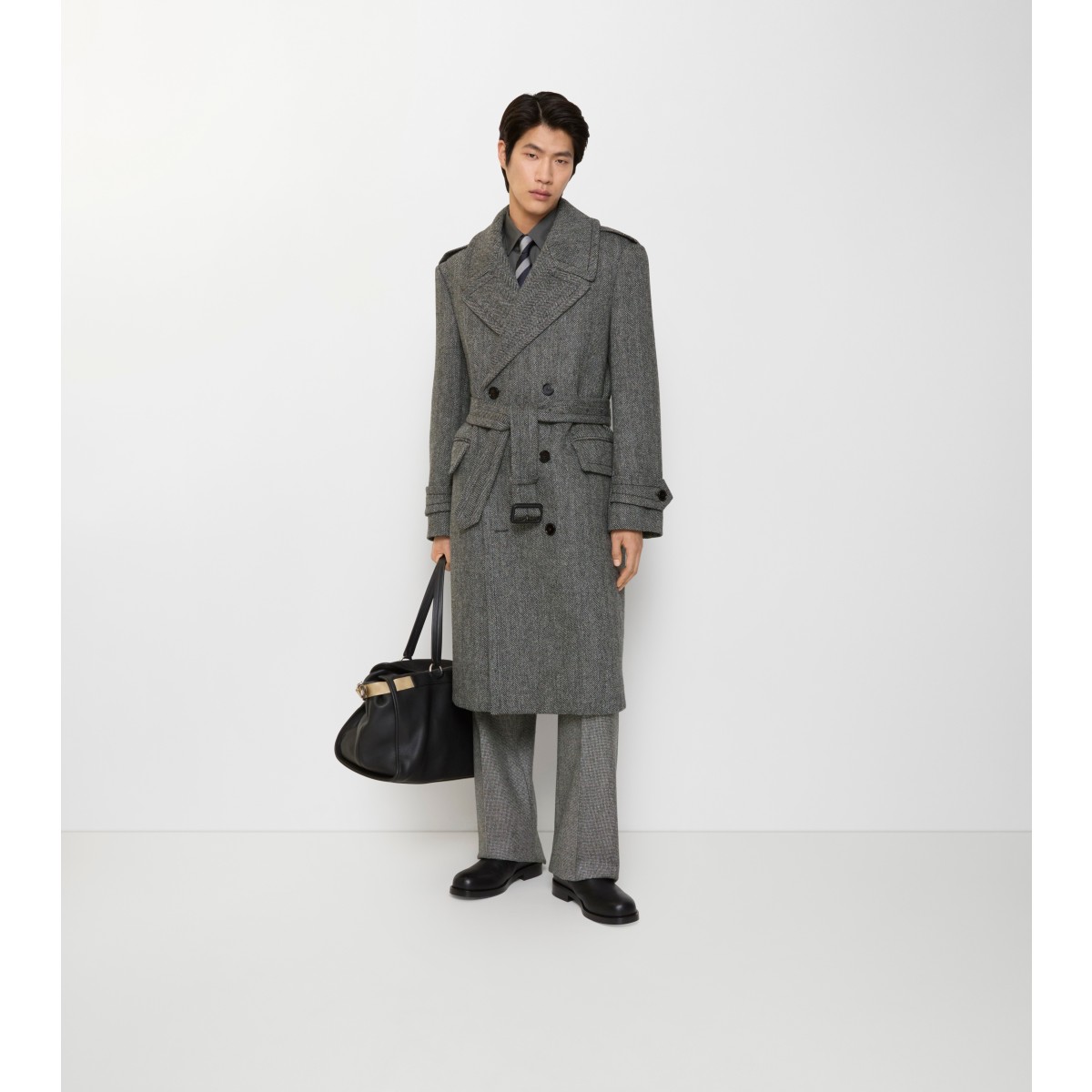  Check Long Herringbone Trench Coat