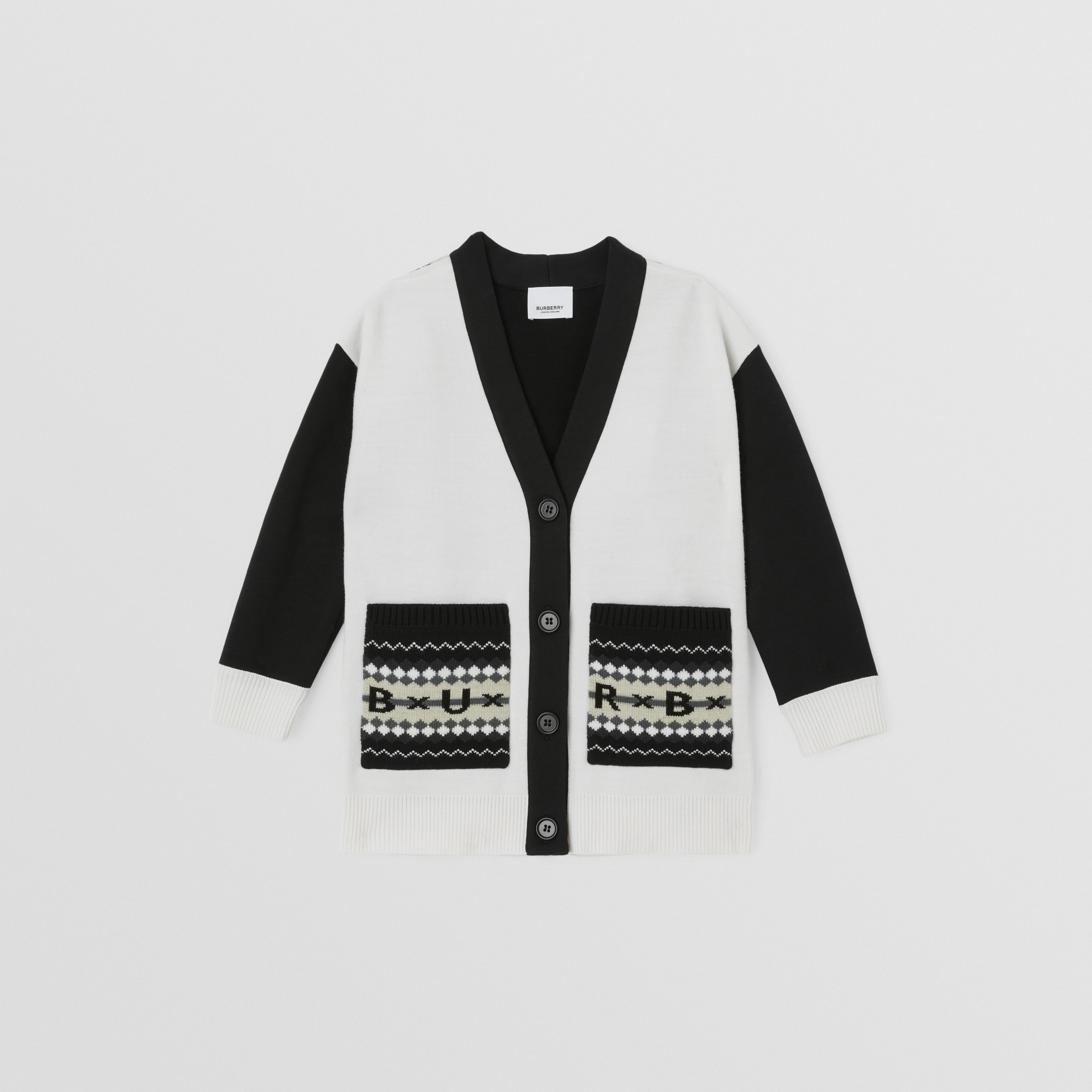 Fair Isle Logo Technical Wool Cardigan in Black/white | Burberry® Official