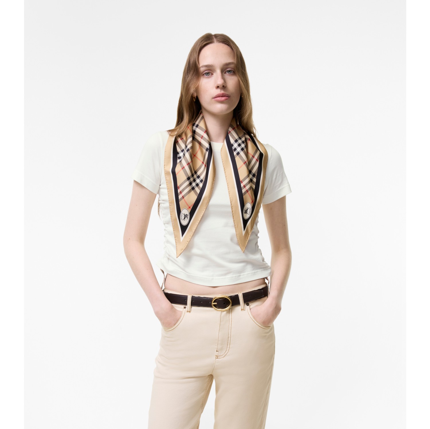 Check Knight Stamp Silk Scarf in Sand beige | Burberry® Official