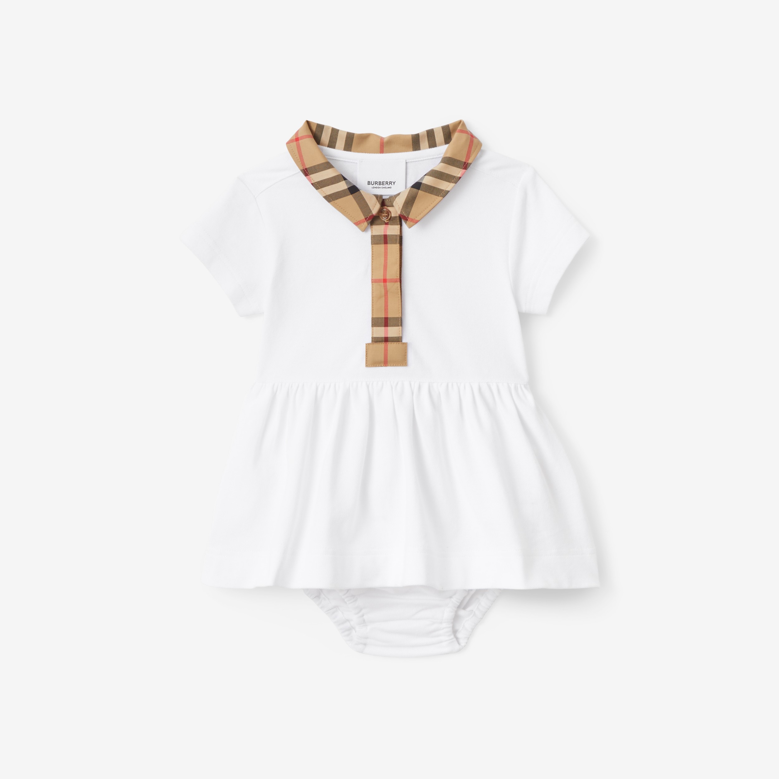 Check Trim Stretch Cotton Piqué Dress with Bloomers in White - Children | Burberry® Official - 1