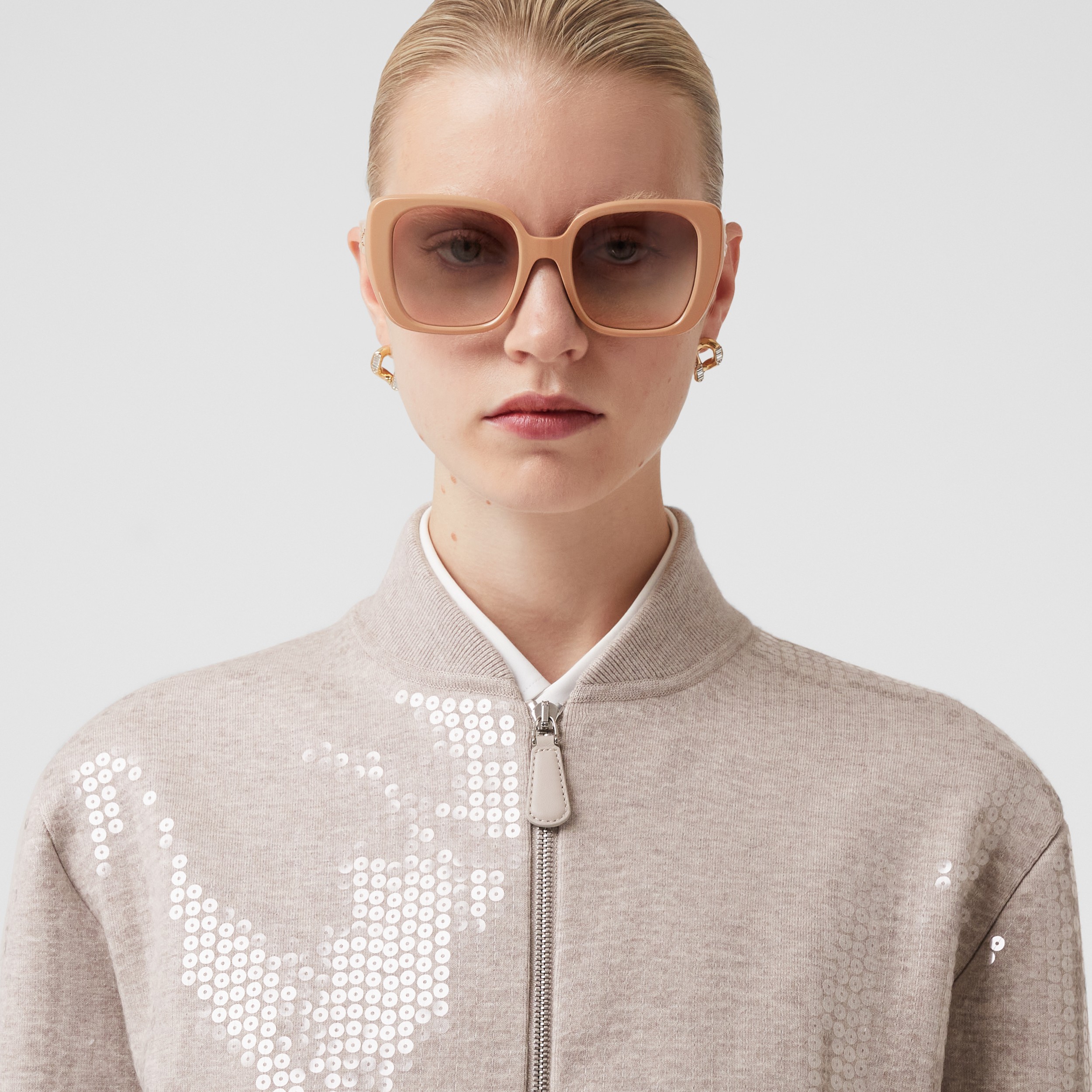 Sequinned Cashmere Cotton Blend Bomber Jacket in Beige Melange - Women | Burberry® Official - 2