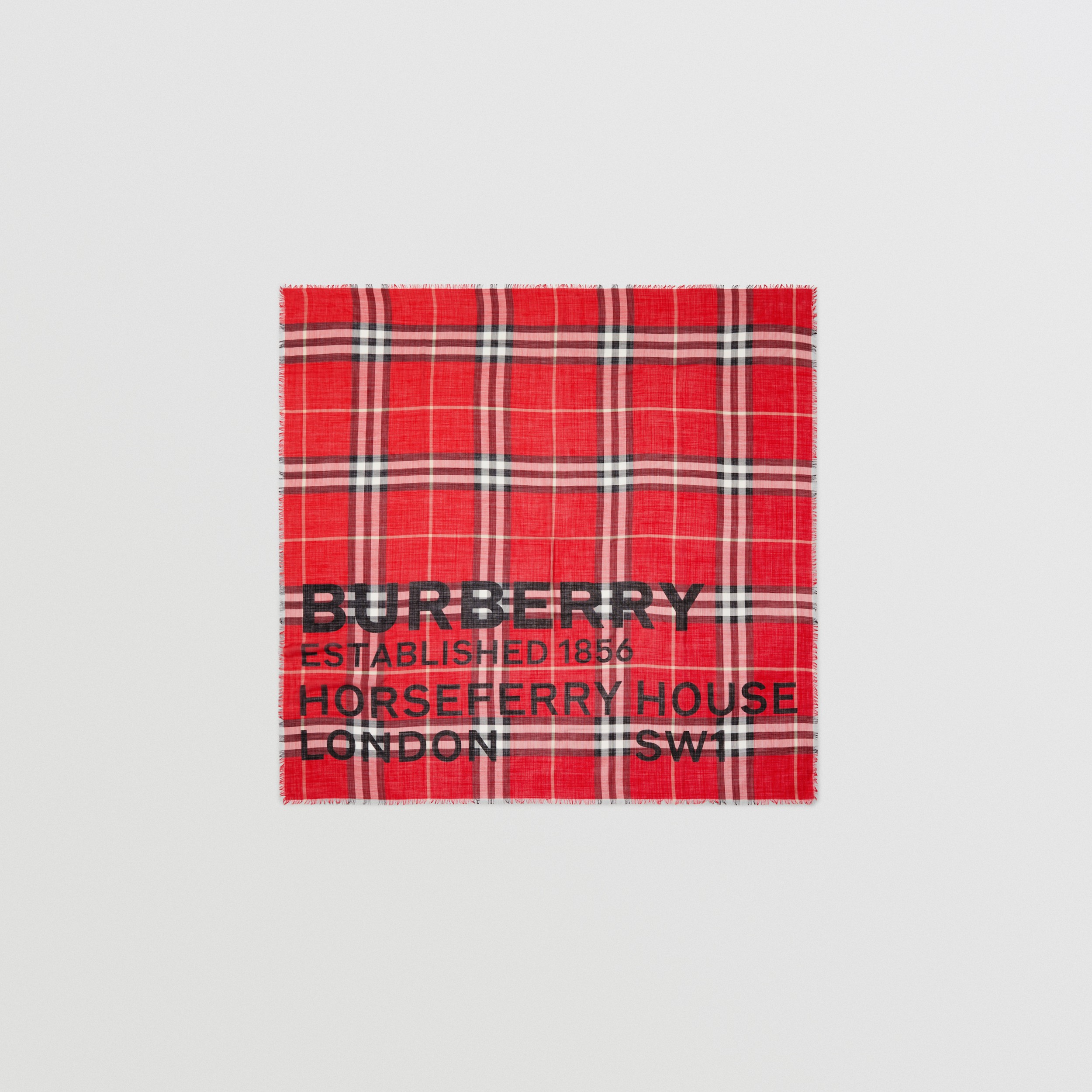 Horseferry Print Check Wool Silk Large Square Scarf in Bright Red | Burberry® Official - 1