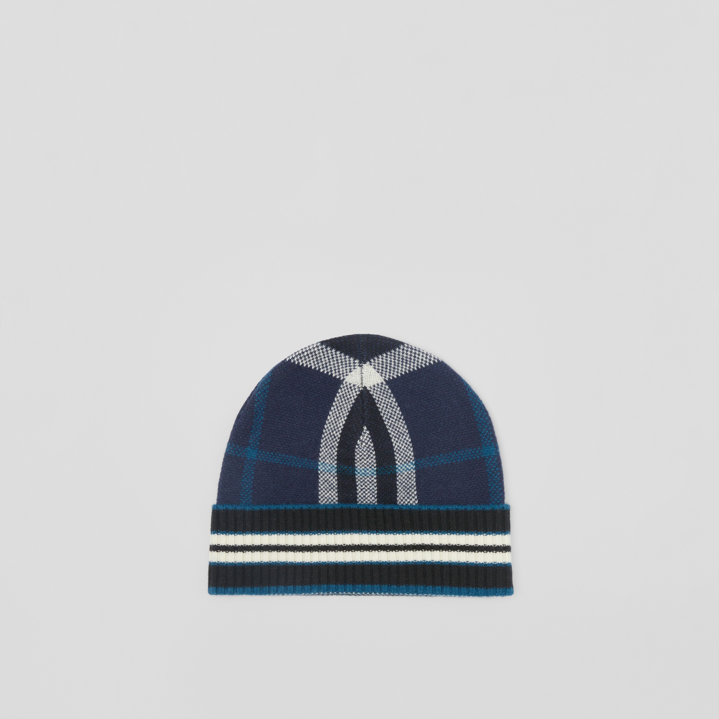 Check and Stripe Cashmere Beanie in Navy | Burberry® Official - 1