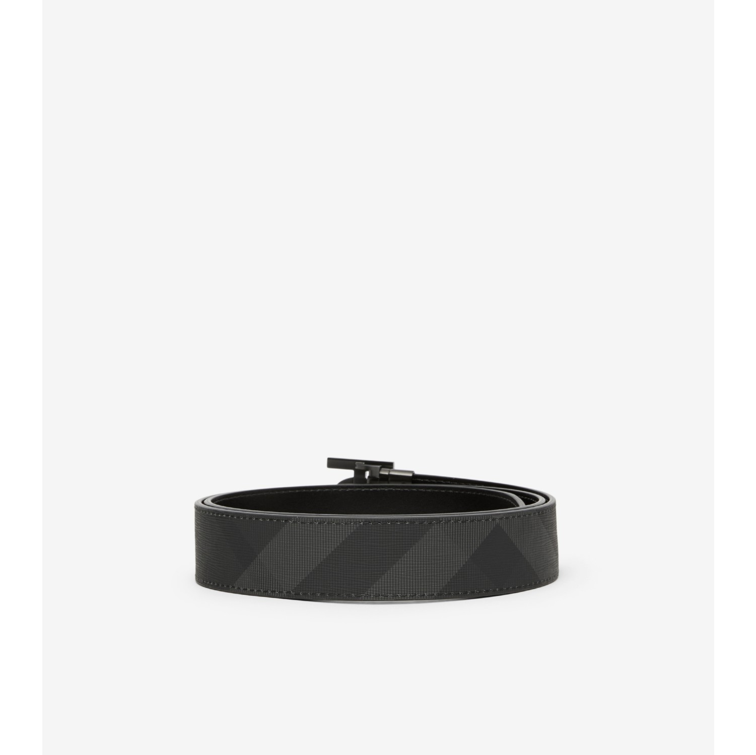 Check and Leather Reversible TB Belt in Charcoal graphite Men Burberry Official