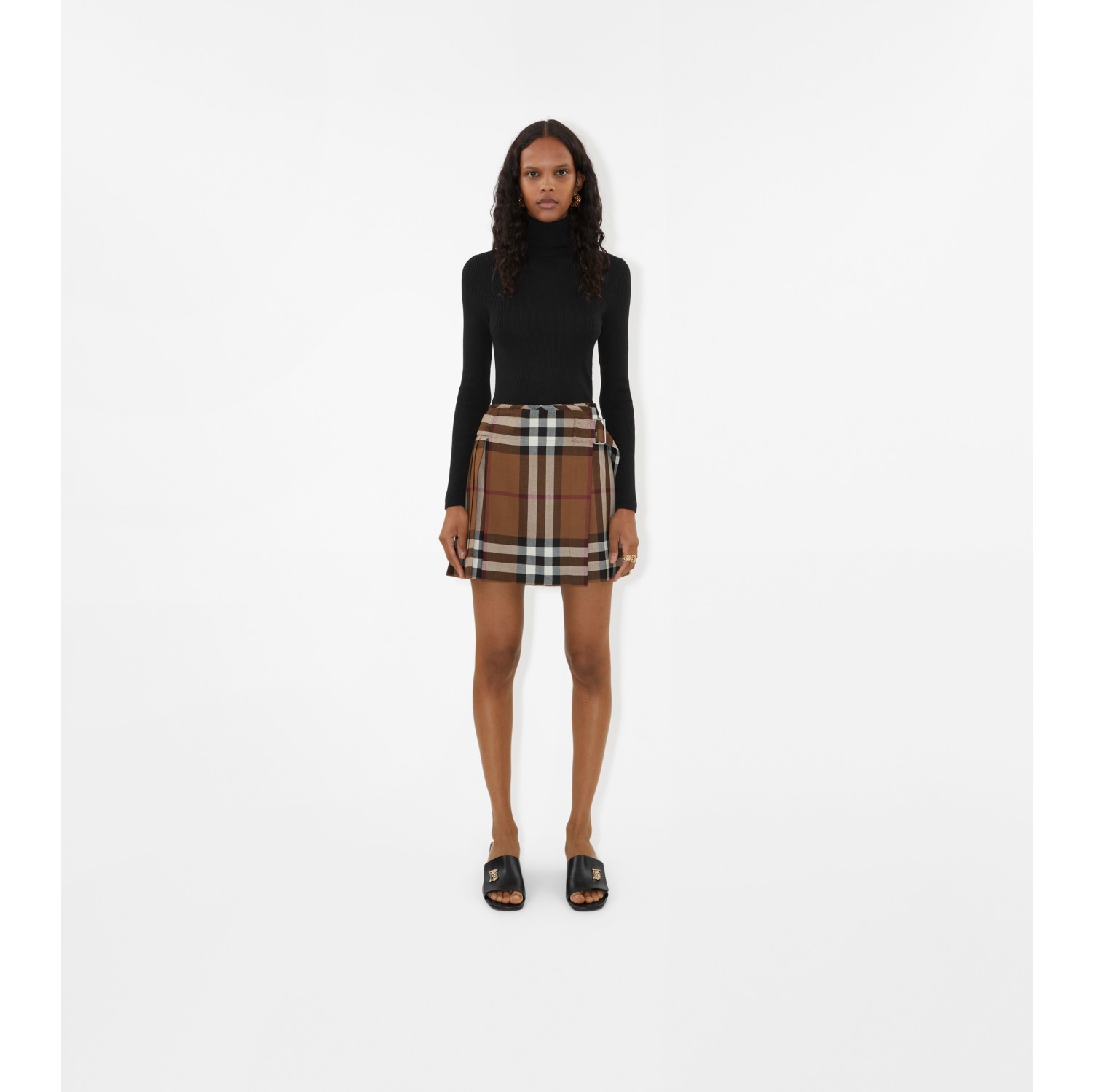 Pleated Check Wool Mini Kilt in Dark birch brown Women Burberry Official